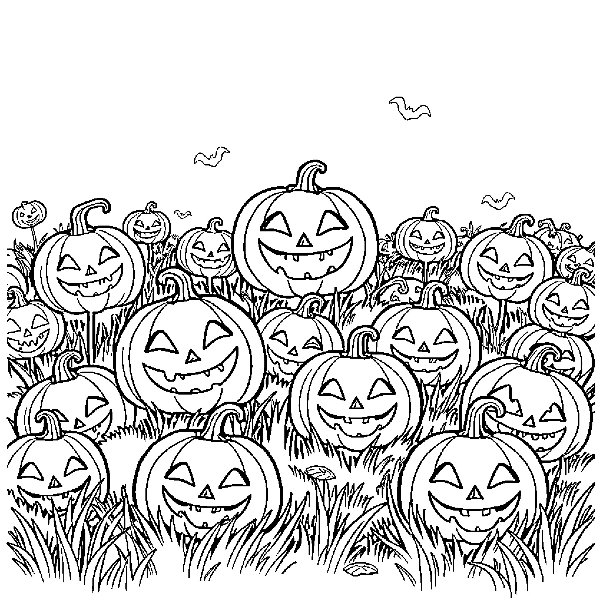 Jack-o'-lanterns playing in a spooky field Coloring Page (free black-and-white line drawing printable PDF for all, from beginners to advanced learners, including children, teens, adults, and seniors)