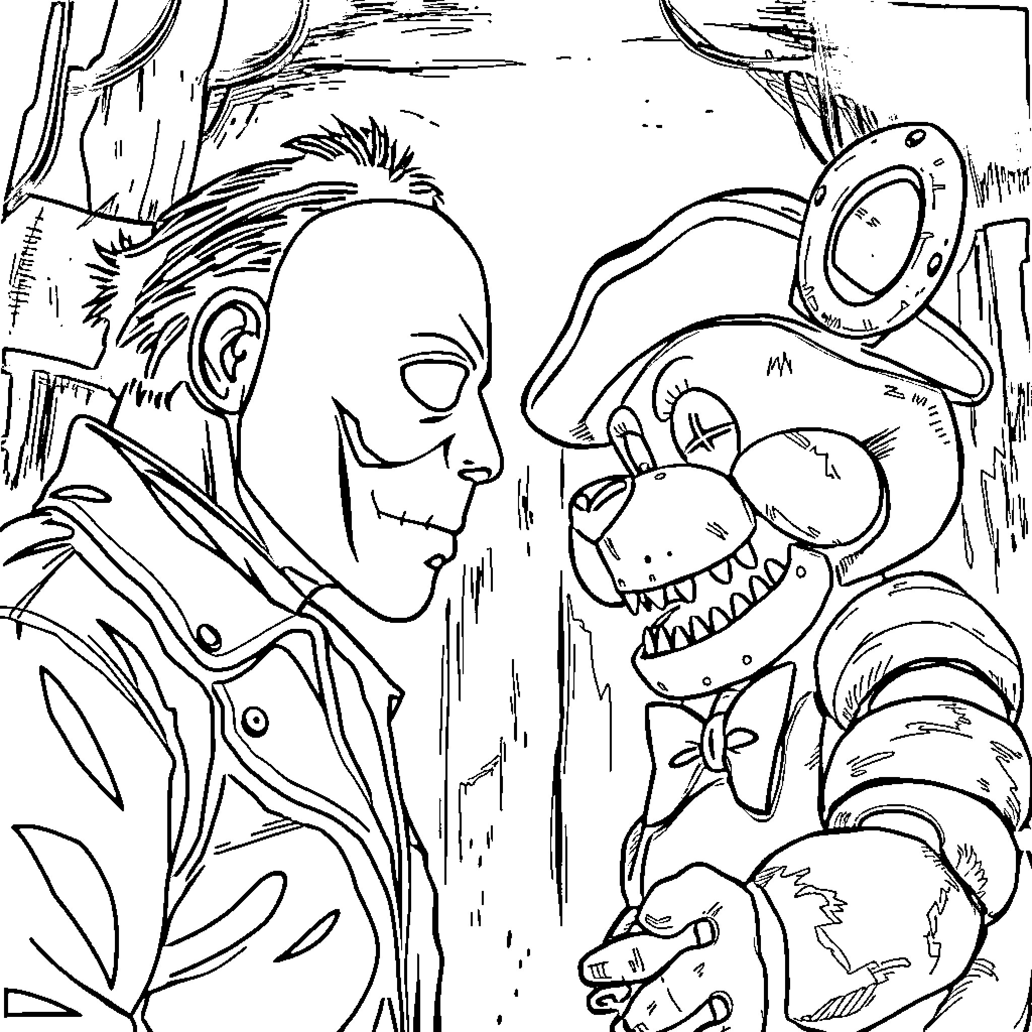 Michael Myers in a Creepy Forest Encounter Coloring Page (free black-and-white line drawing printable PDF for all, from beginners to advanced learners, including children, teens, adults, and seniors)
