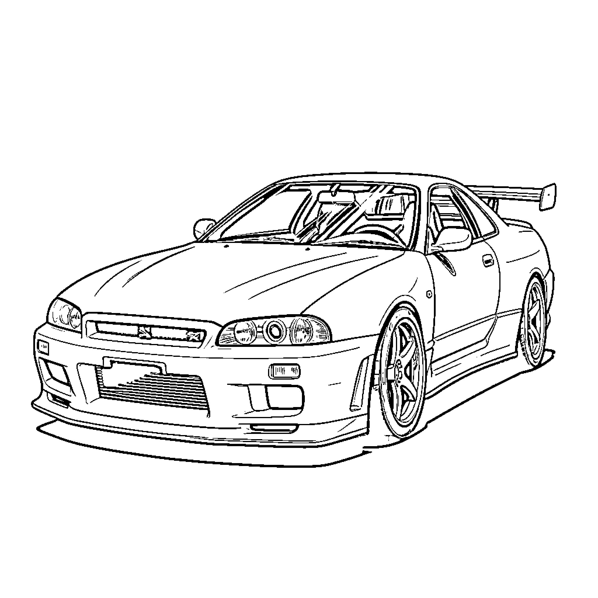 Nissan Skyline racing down the track Coloring Page (free black-and-white line drawing printable PDF for all, from beginners to advanced learners, including children, teens, adults, and seniors)