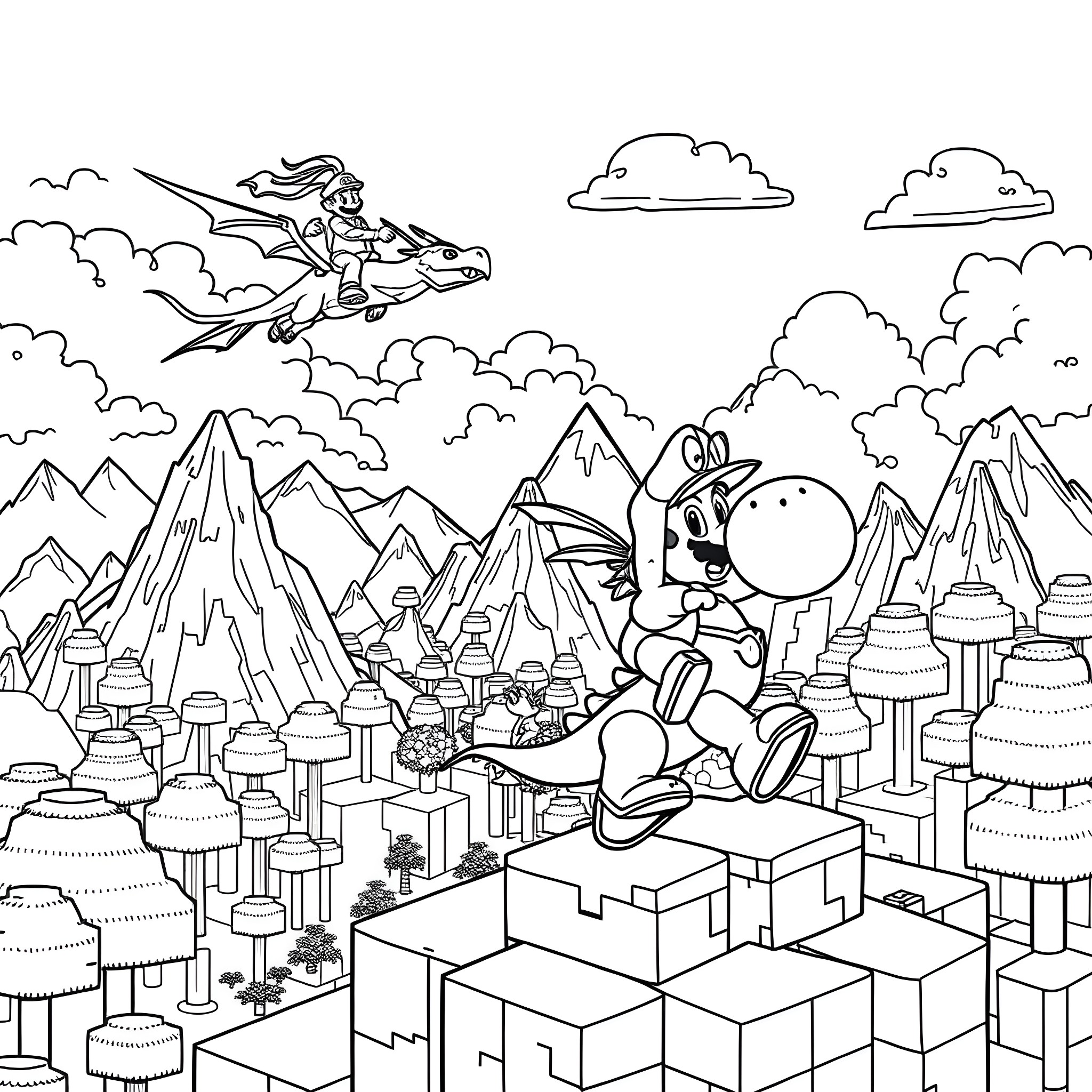 Steve's Fantastical Flying Adventure Over the Cityscape Coloring Page (free black-and-white line drawing printable PDF for all, from beginners to advanced learners, including children, teens, adults, and seniors)