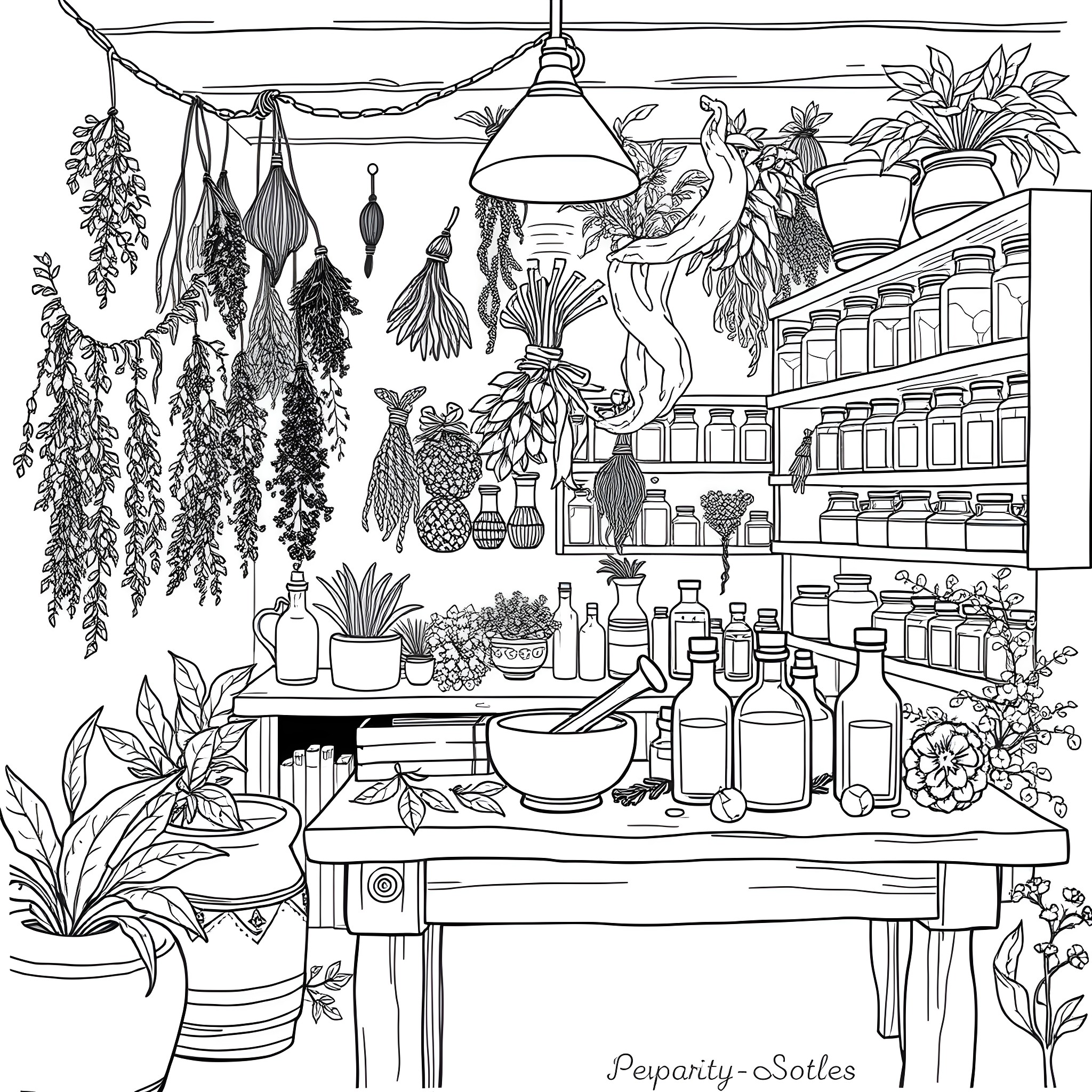 Herbalist's Cozy Apothecary Workspace Coloring Page (free black-and-white line drawing printable PDF for all, from beginners to advanced learners, including children, teens, adults, and seniors)