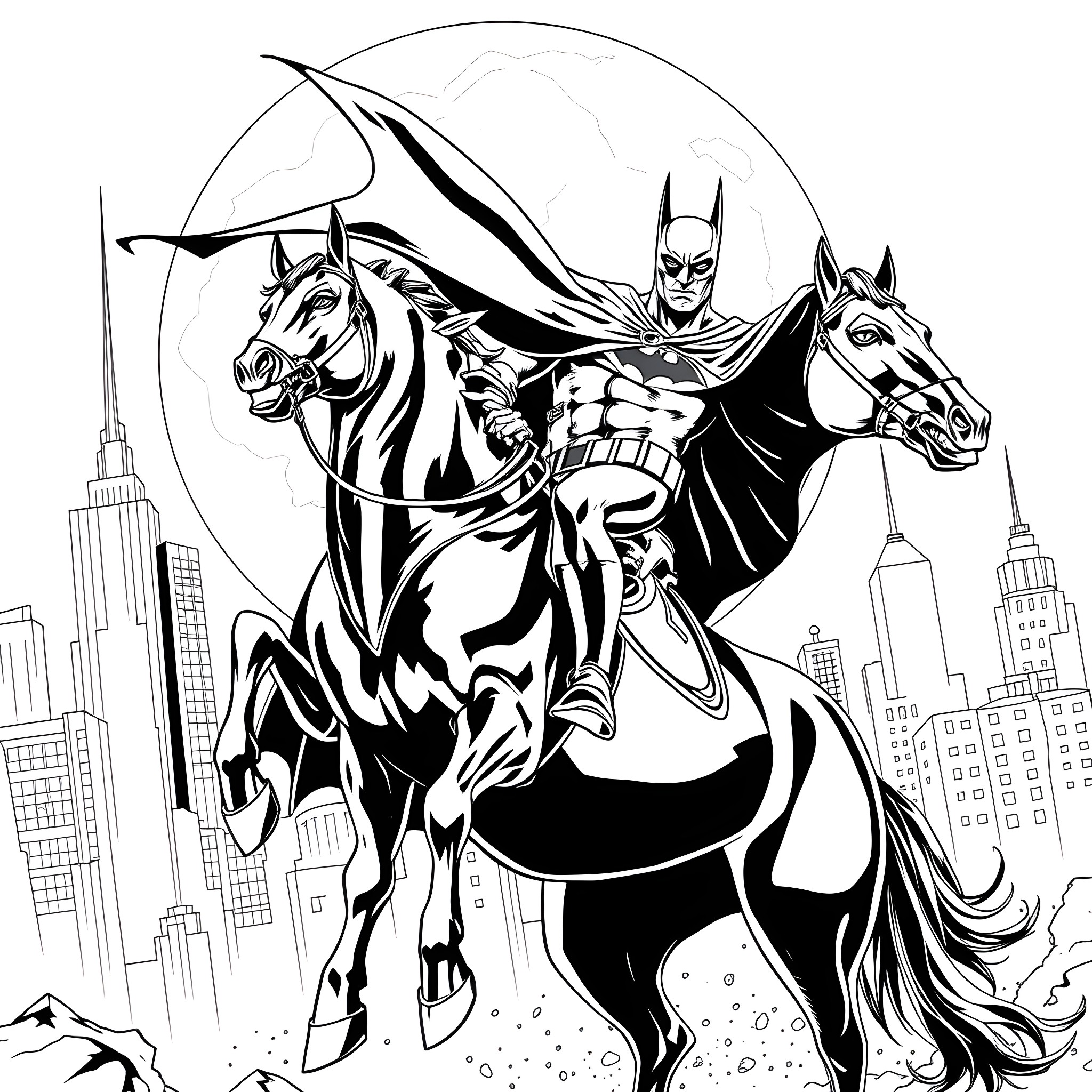 Batman riding heroically on two horses in the city Coloring Page (free black-and-white line drawing printable PDF for all, from beginners to advanced learners, including children, teens, adults, and seniors)