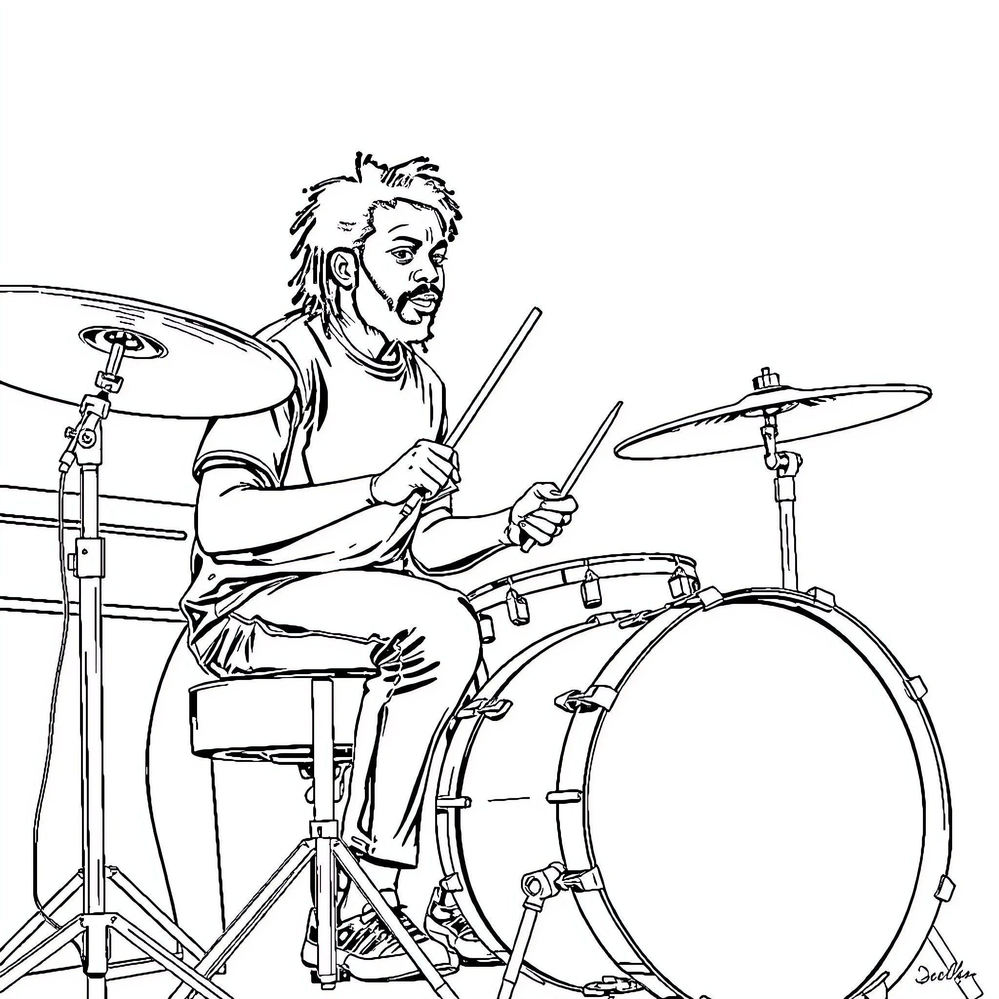 Jalen Hurts Performing on the Drums Coloring Page (free black-and-white line drawing printable PDF for all, from beginners to advanced learners, including children, teens, adults, and seniors)