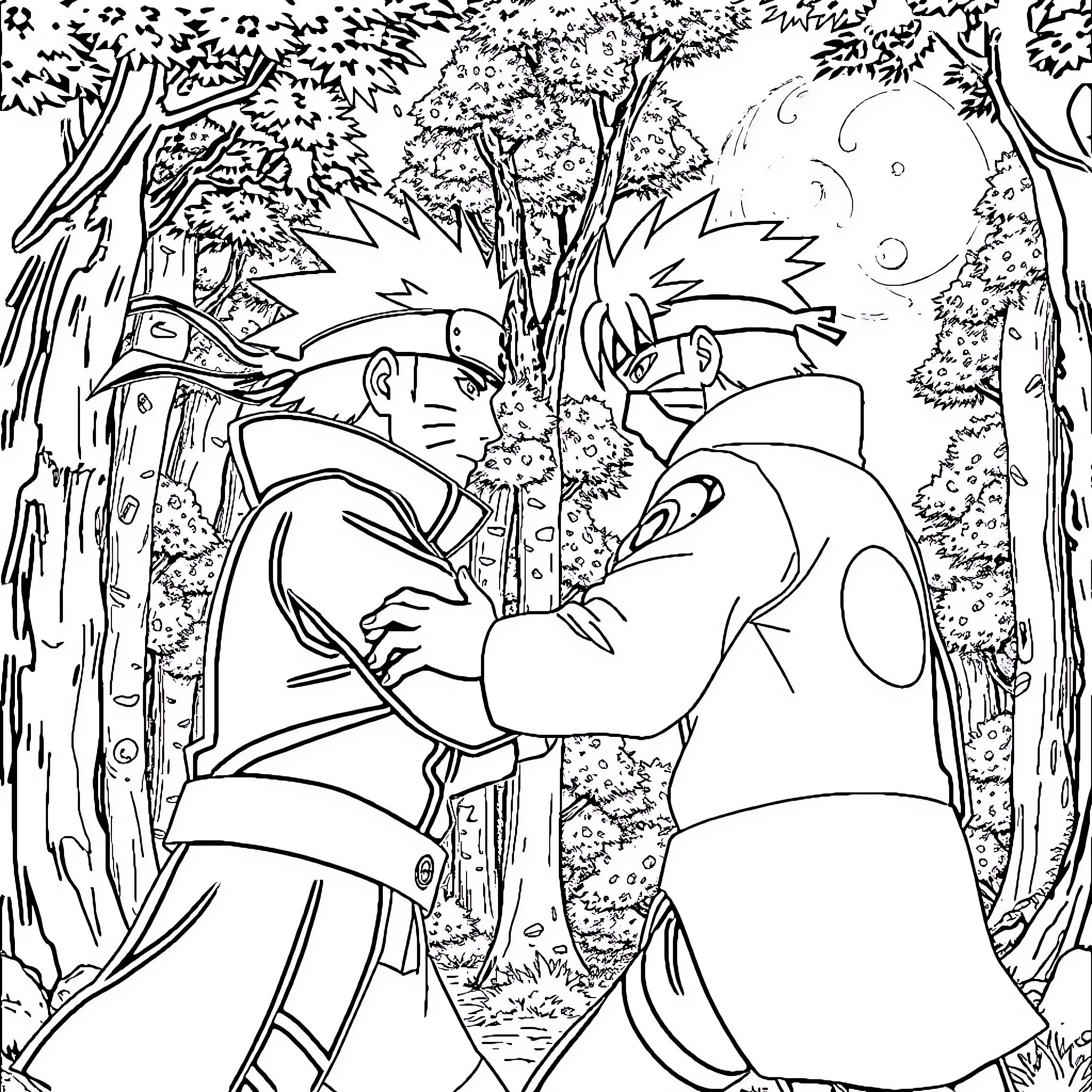 Naruto Characters in a Lush Forest Scene Coloring Page (free black-and-white line drawing printable PDF for all, from beginners to advanced learners, including children, teens, adults, and seniors)
