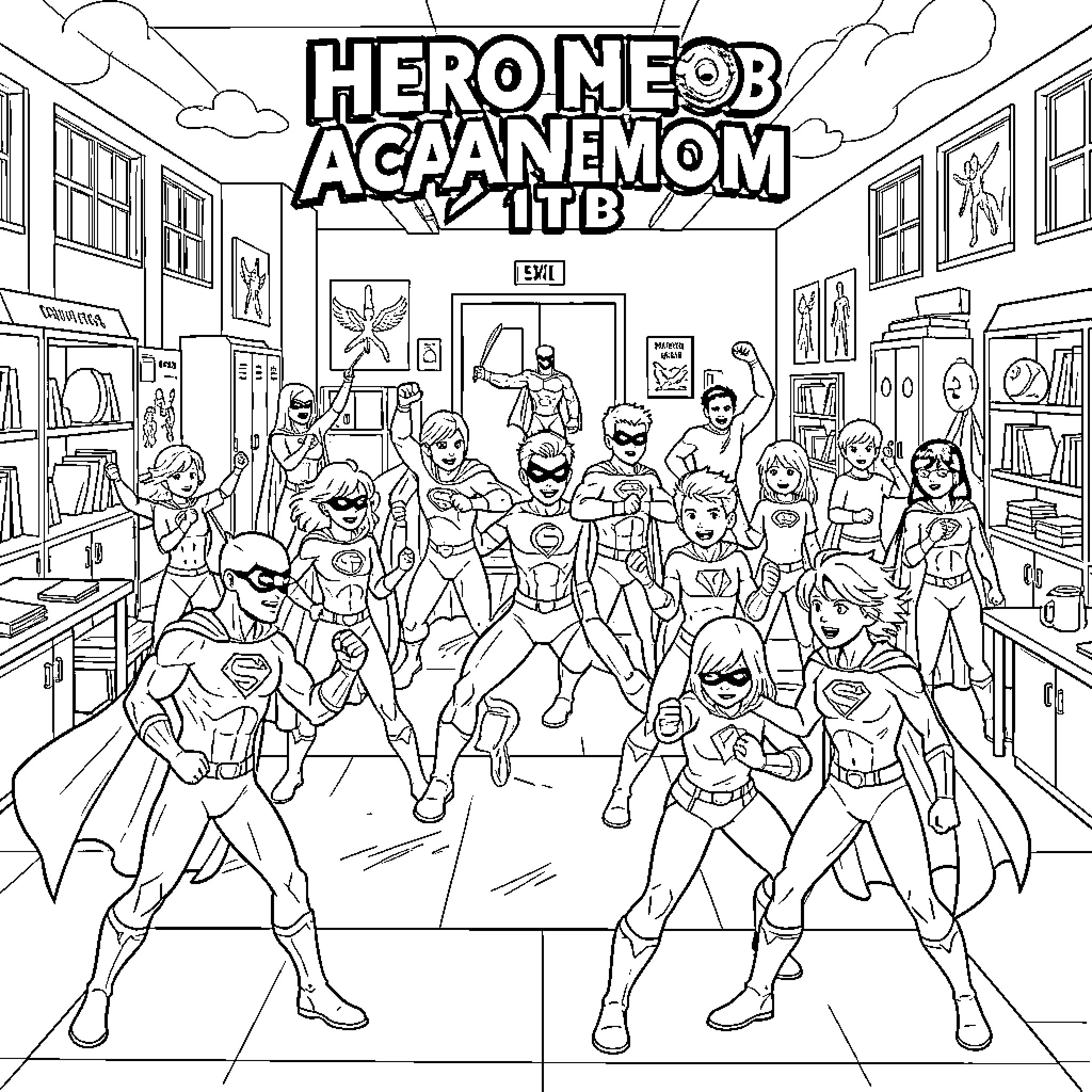 Hero Mob Assembles for Action Coloring Page (free black-and-white line drawing printable PDF for all, from beginners to advanced learners, including children, teens, adults, and seniors)