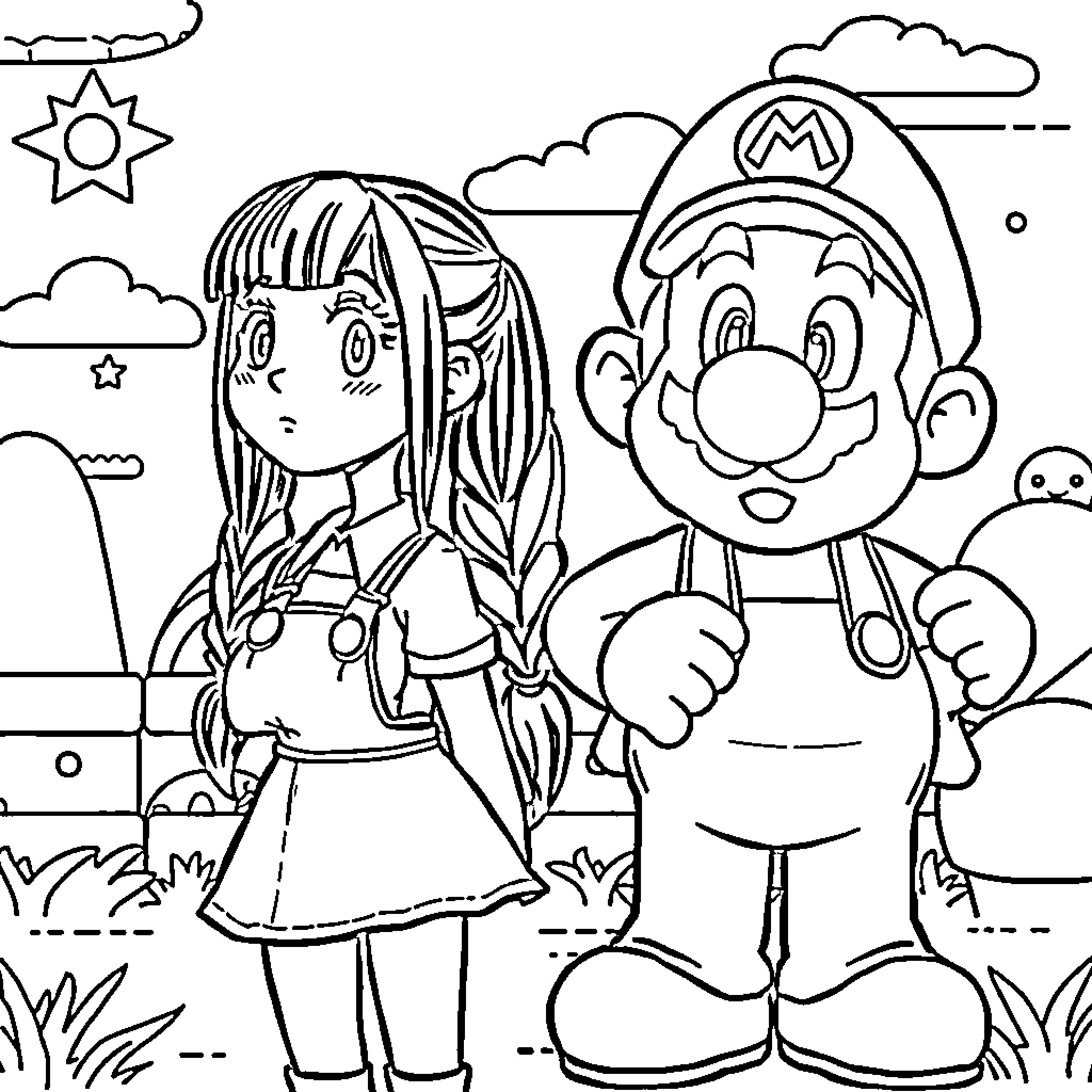 Wednesday Adams and Mario on a Sunny Day Coloring Page (free black-and-white line drawing printable PDF for all, from beginners to advanced learners, including children, teens, adults, and seniors)