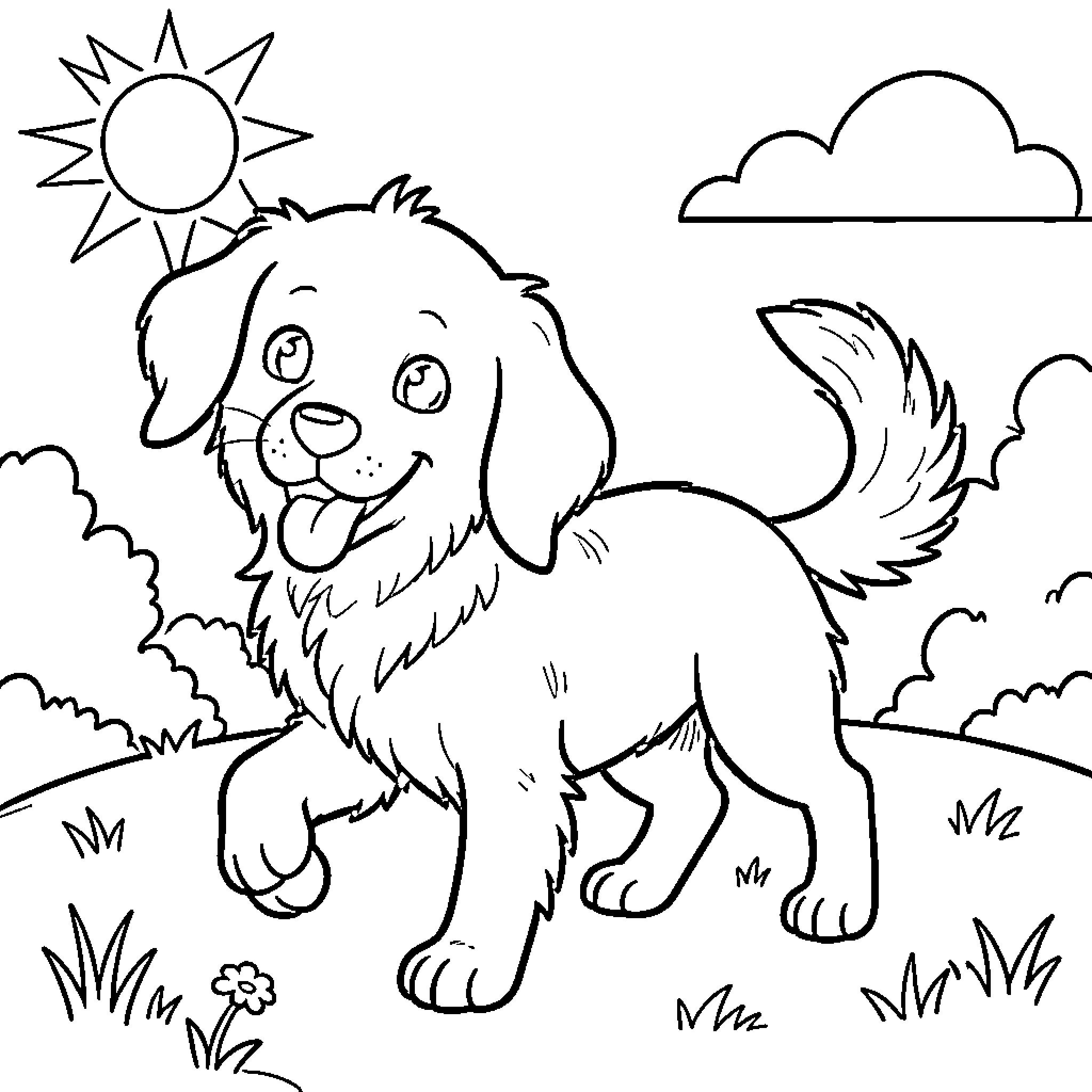 Dog playing joyfully in the sunshine Coloring Page (free black-and-white line drawing printable PDF for all, from beginners to advanced learners, including children, teens, adults, and seniors)