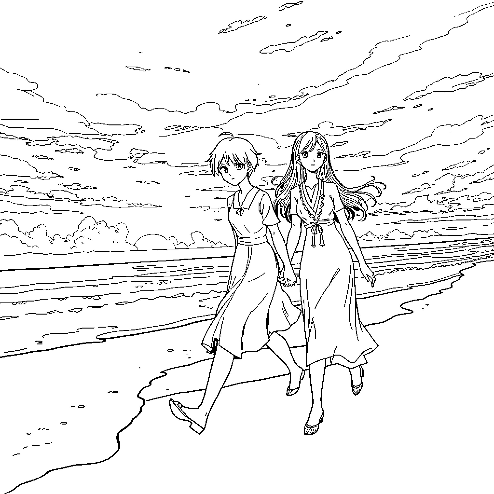 Sakura Stroll by the Serene Shoreline Coloring Page (free black-and-white line drawing printable PDF for all, from beginners to advanced learners, including children, teens, adults, and seniors)