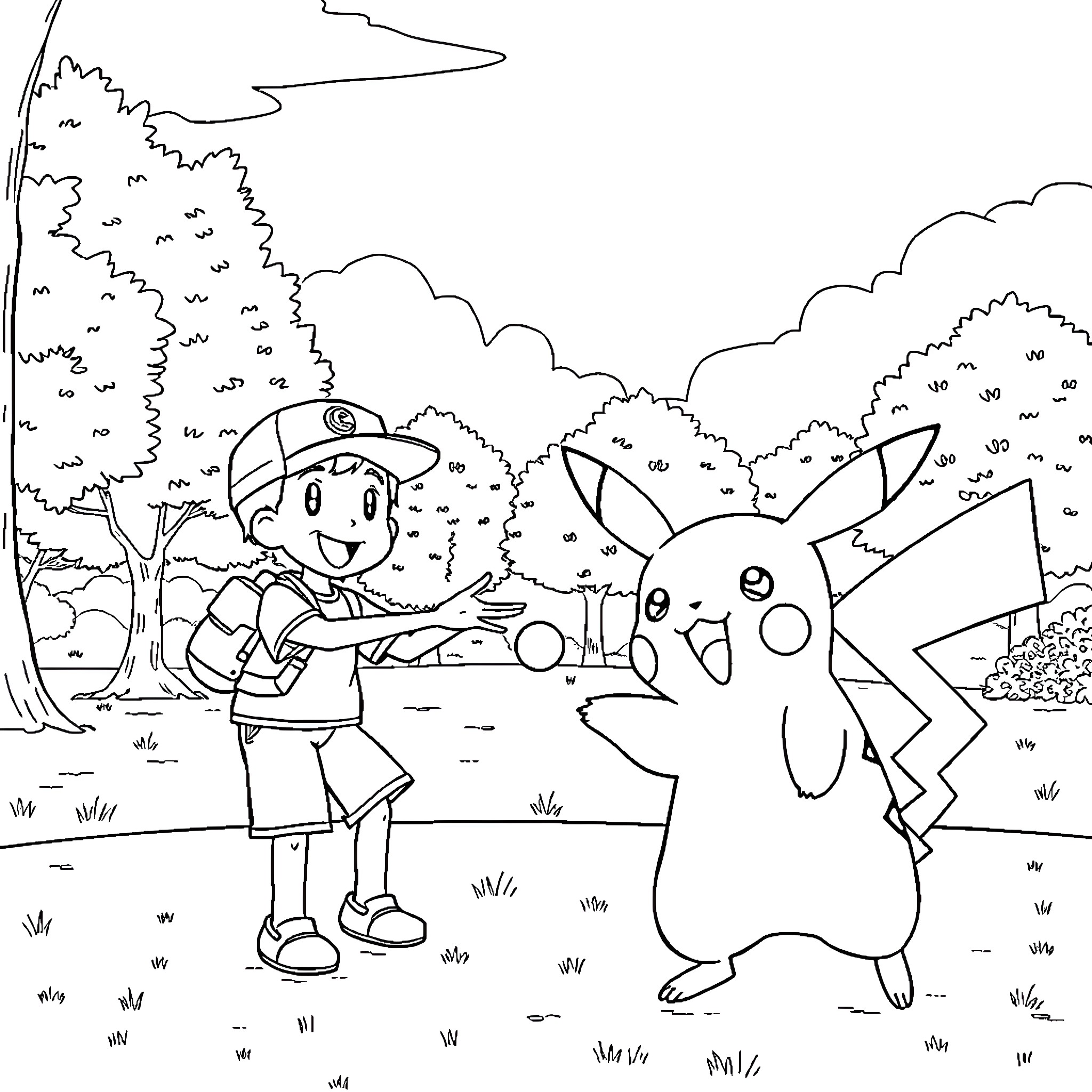 Pikachu and the Pokémon Trainer explore the wilderness Coloring Page (free black-and-white line drawing printable PDF for all, from beginners to advanced learners, including children, teens, adults, and seniors)