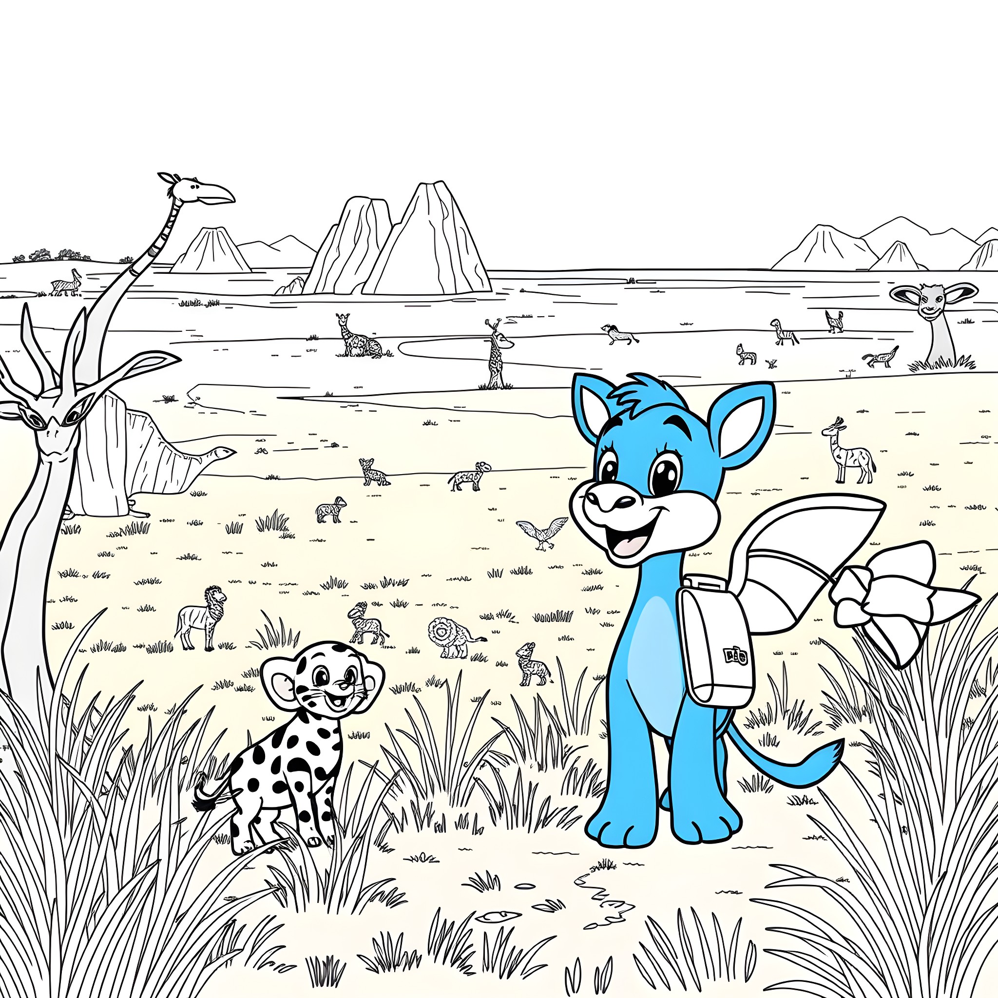 Bluey explores the enchanting wildlife landscape Coloring Page (free black-and-white line drawing printable PDF for all, from beginners to advanced learners, including children, teens, adults, and seniors)