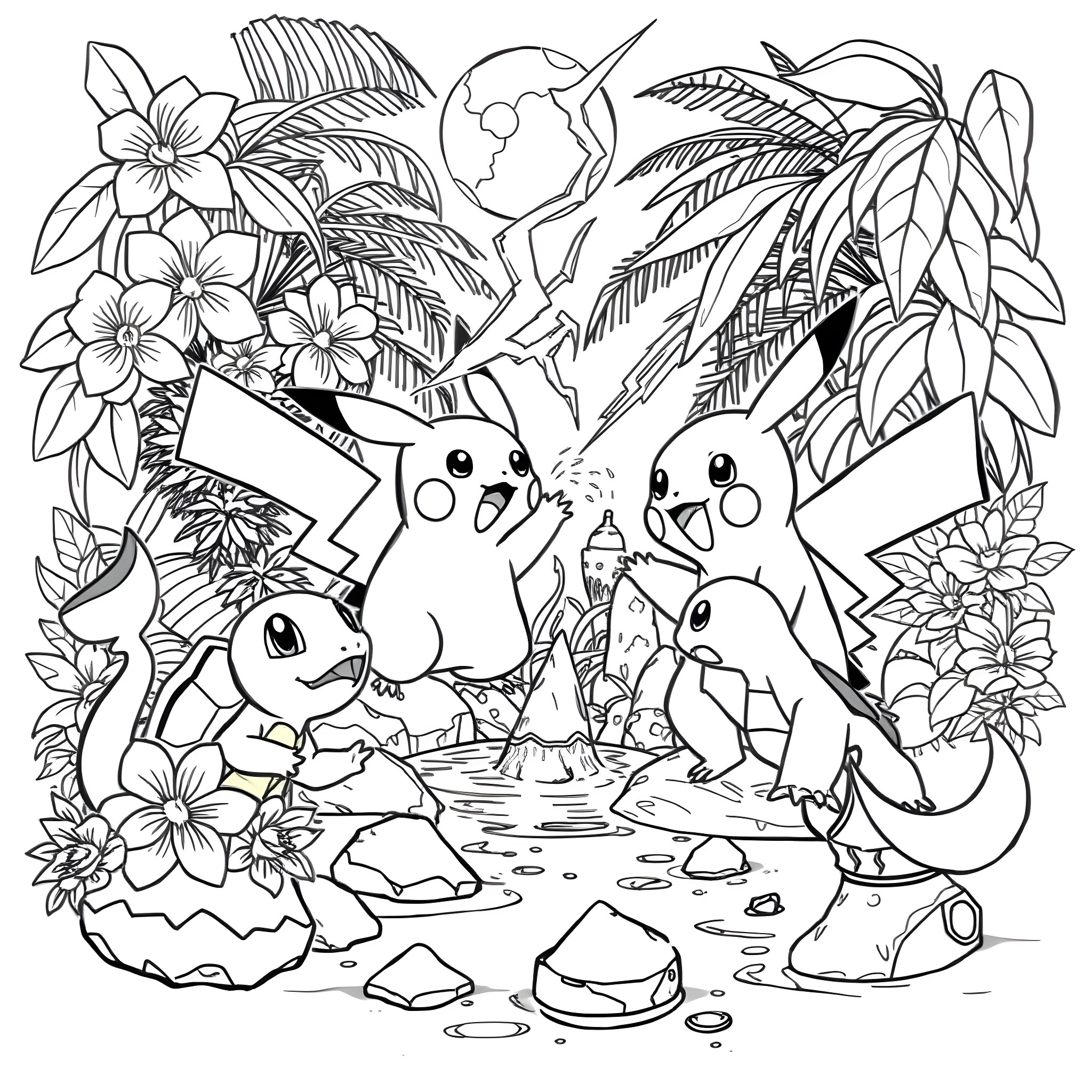 Pikachu and friends explore the tropical landscape Coloring Page (free black-and-white line drawing printable PDF for all, from beginners to advanced learners, including children, teens, adults, and seniors)