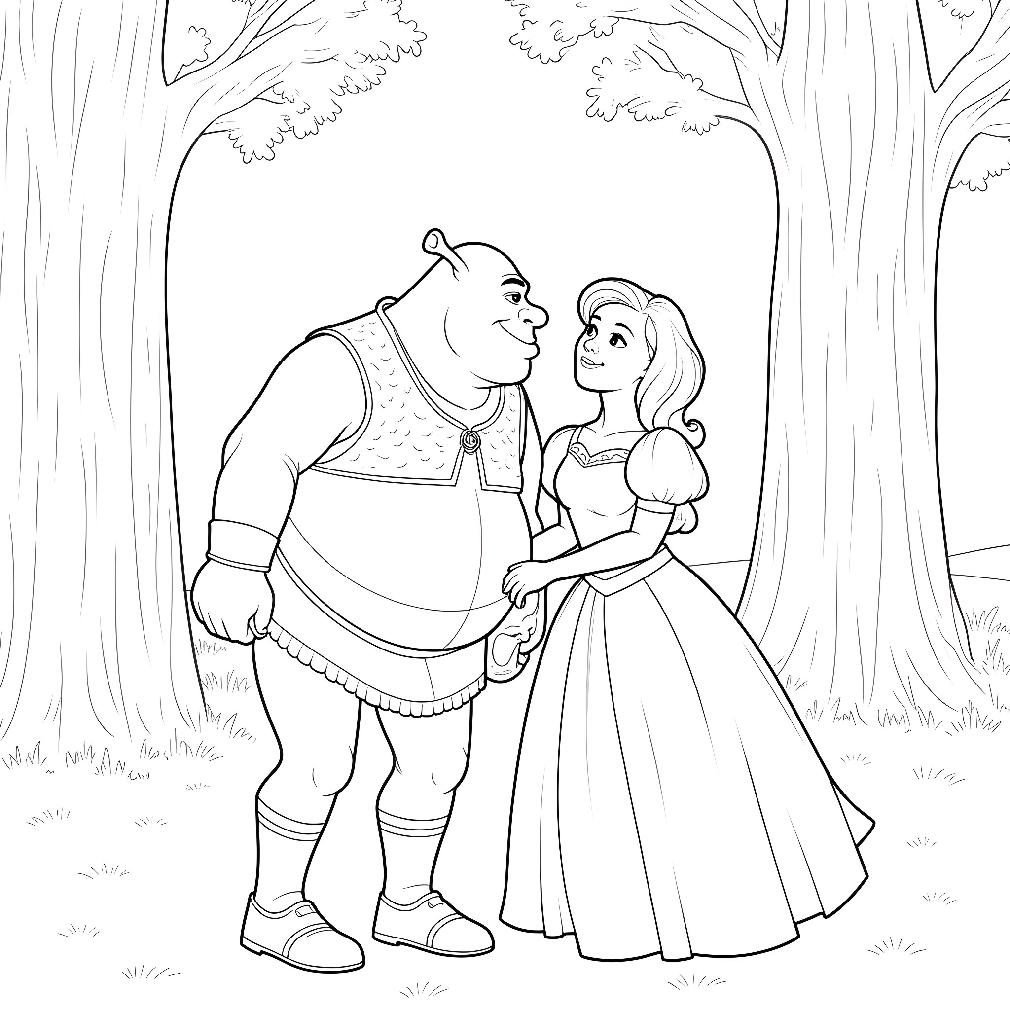 Shrek and Princess Fiona in the enchanted forest Coloring Page (free black-and-white line drawing printable PDF for all, from beginners to advanced learners, including children, teens, adults, and seniors)