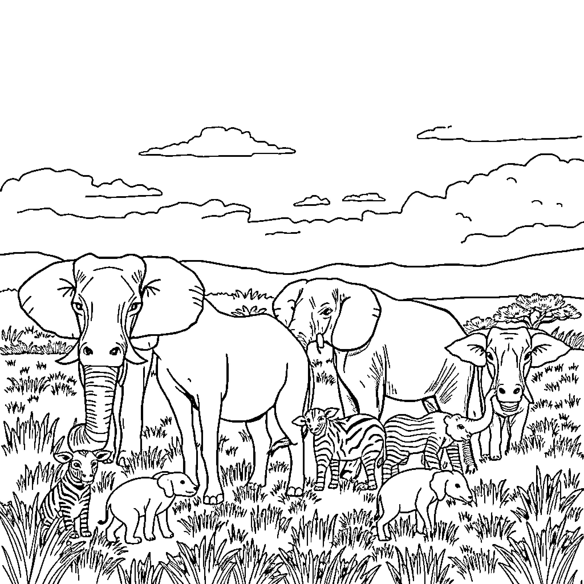 Animal family exploring the savanna landscape Coloring Page (free black-and-white line drawing printable PDF for all, from beginners to advanced learners, including children, teens, adults, and seniors)