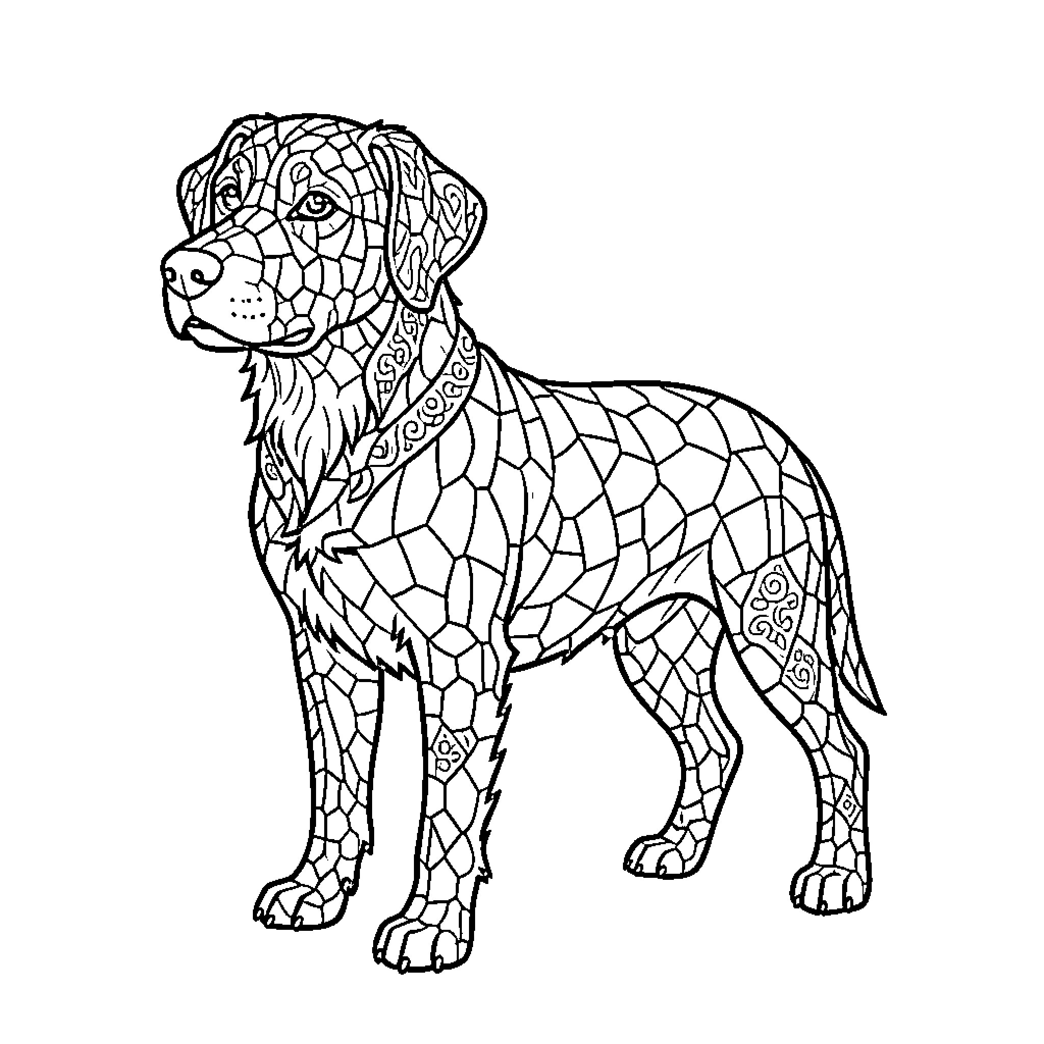 Dog in detailed mosaic-like pattern Coloring Page (free black-and-white line drawing printable PDF for all, from beginners to advanced learners, including children, teens, adults, and seniors)