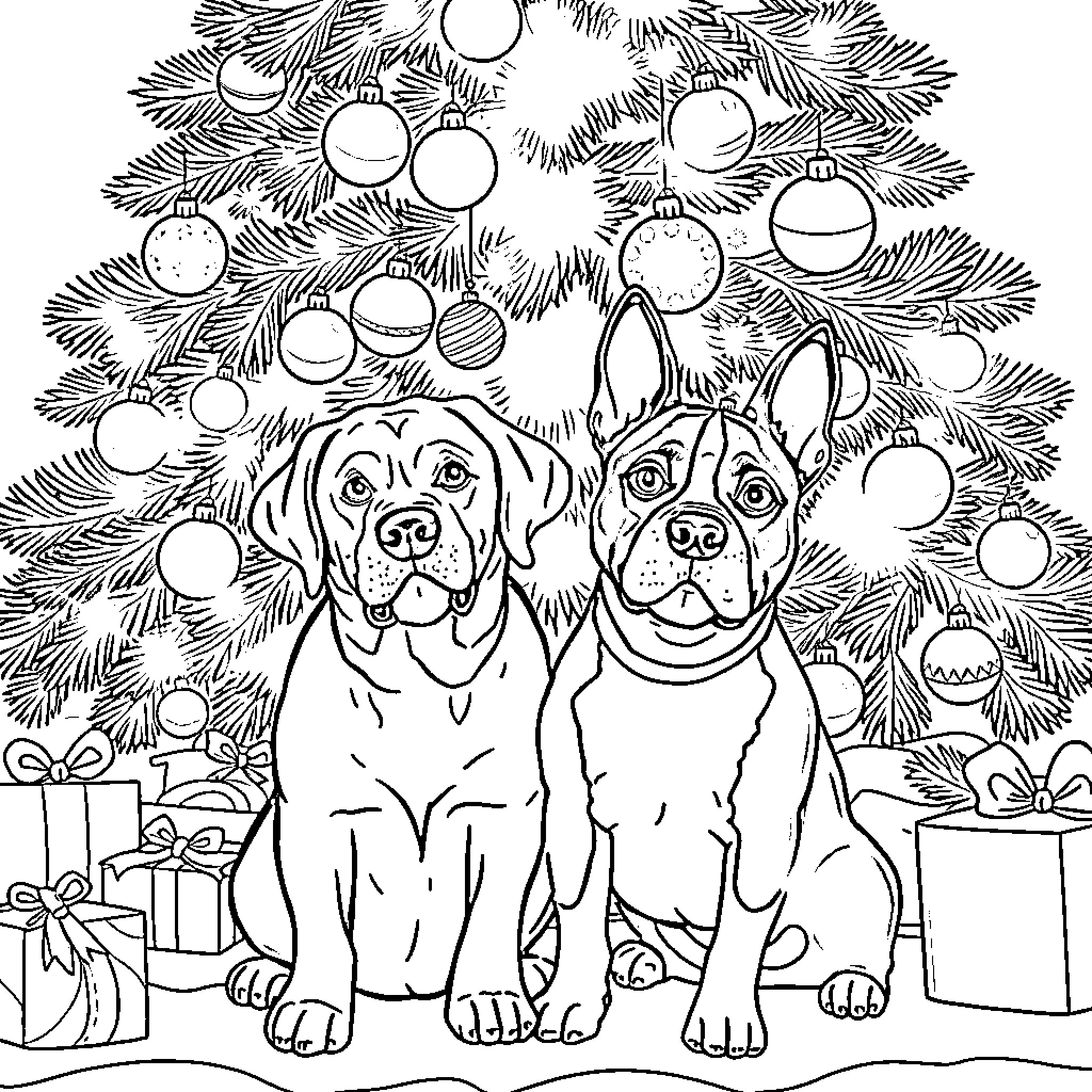 Dogs Under the Christmas Tree Coloring Page (free black-and-white line drawing printable PDF for all, from beginners to advanced learners, including children, teens, adults, and seniors)