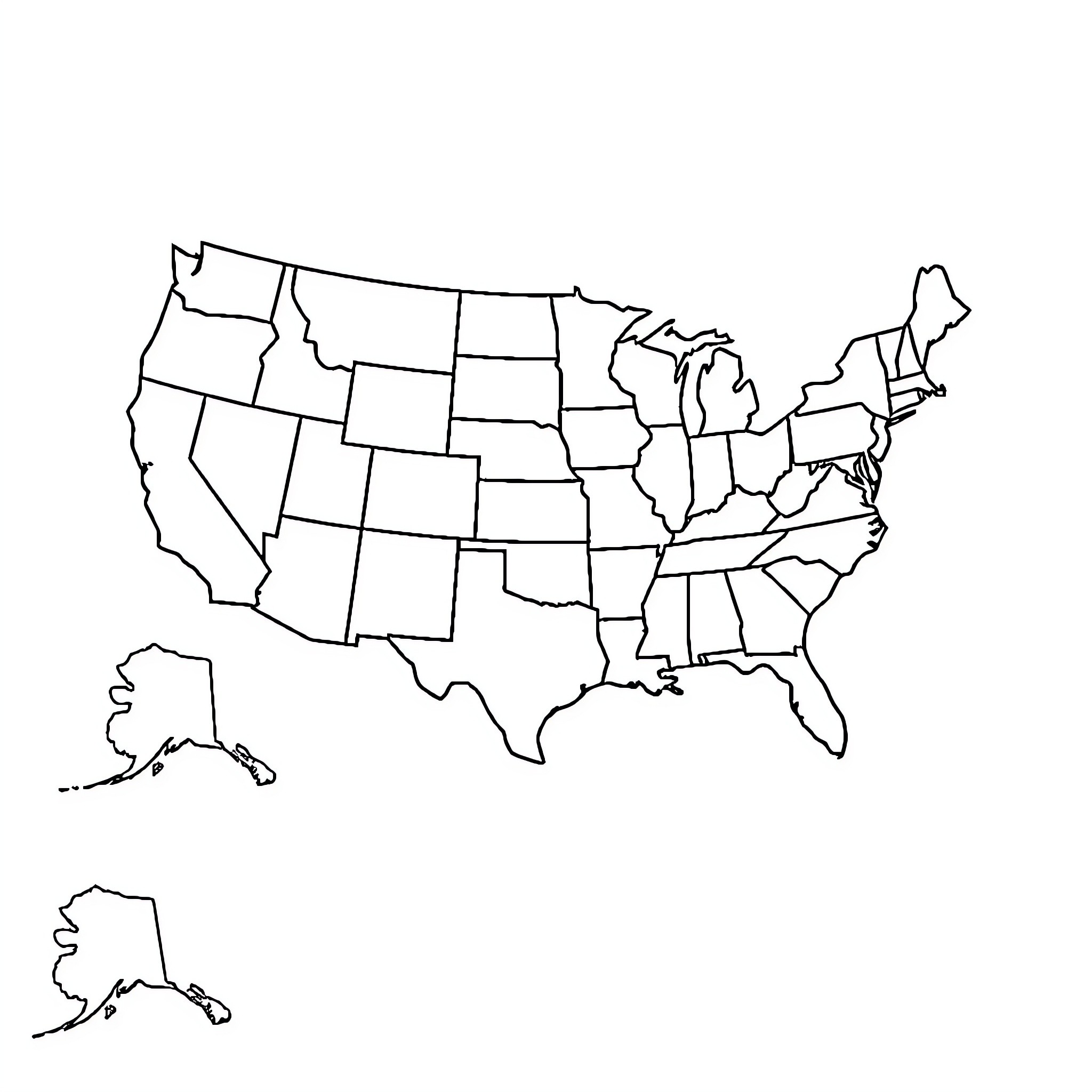 United States map with state outlines Coloring Page (free black-and-white line drawing printable PDF for all, from beginners to advanced learners, including children, teens, adults, and seniors)