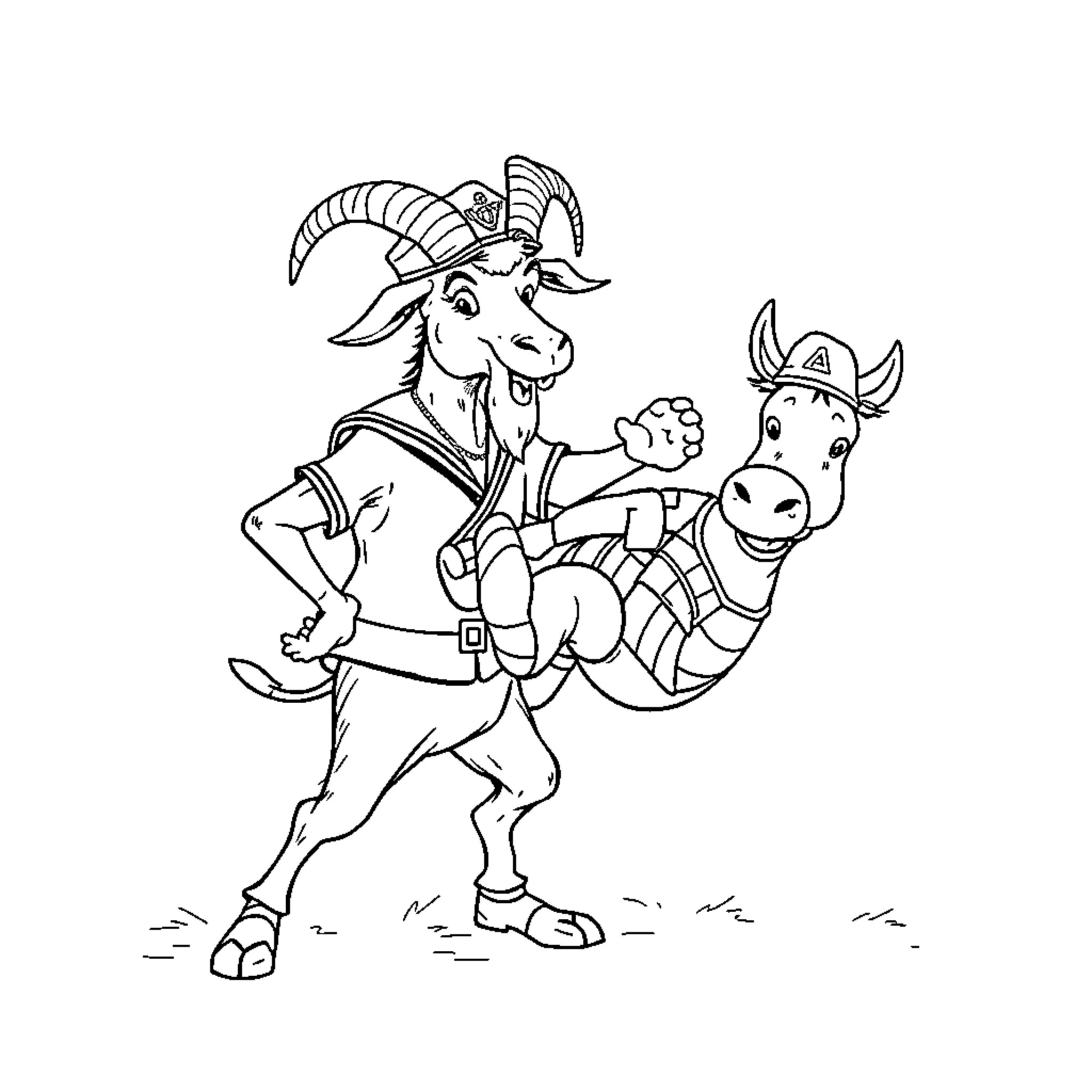 Goats dressed up in costumes Coloring Page (free black-and-white line drawing printable PDF for all, from beginners to advanced learners, including children, teens, adults, and seniors)