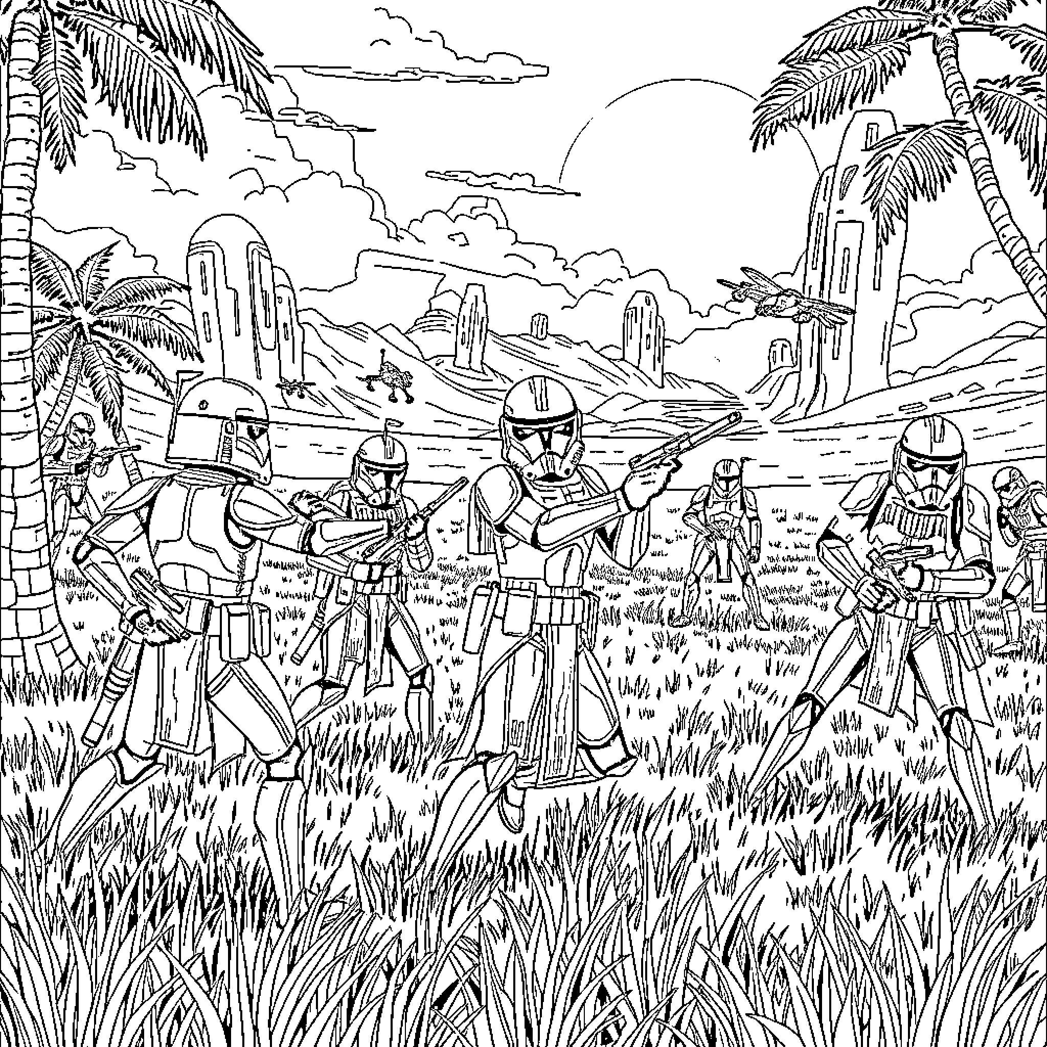 Clone Troopers on Alien Planet Coloring Page (free black-and-white line drawing printable PDF for all, from beginners to advanced learners, including children, teens, adults, and seniors)