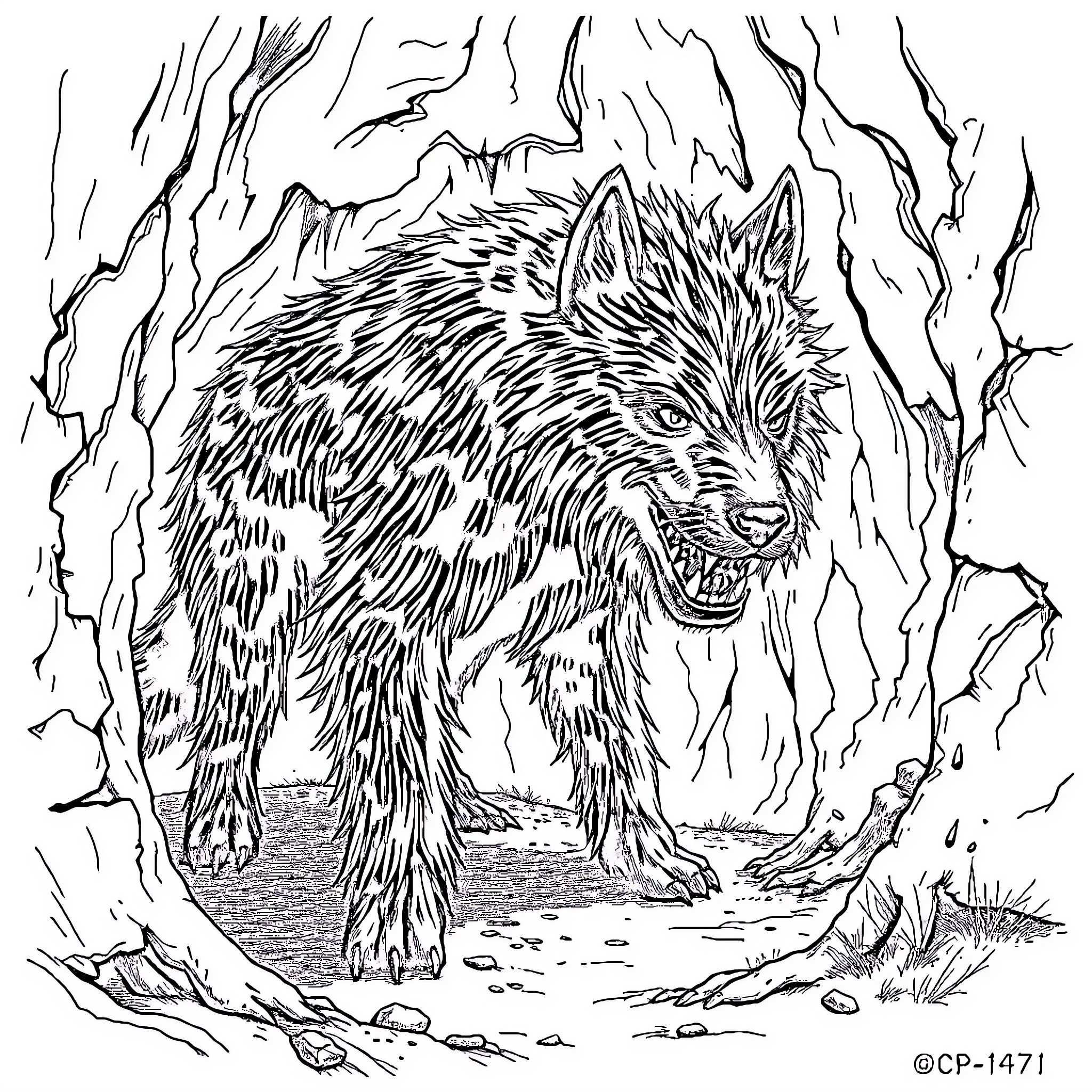 SCP-1471: Enraged Canine in Treacherous Cave Coloring Page (free black-and-white line drawing printable PDF for all, from beginners to advanced learners, including children, teens, adults, and seniors)