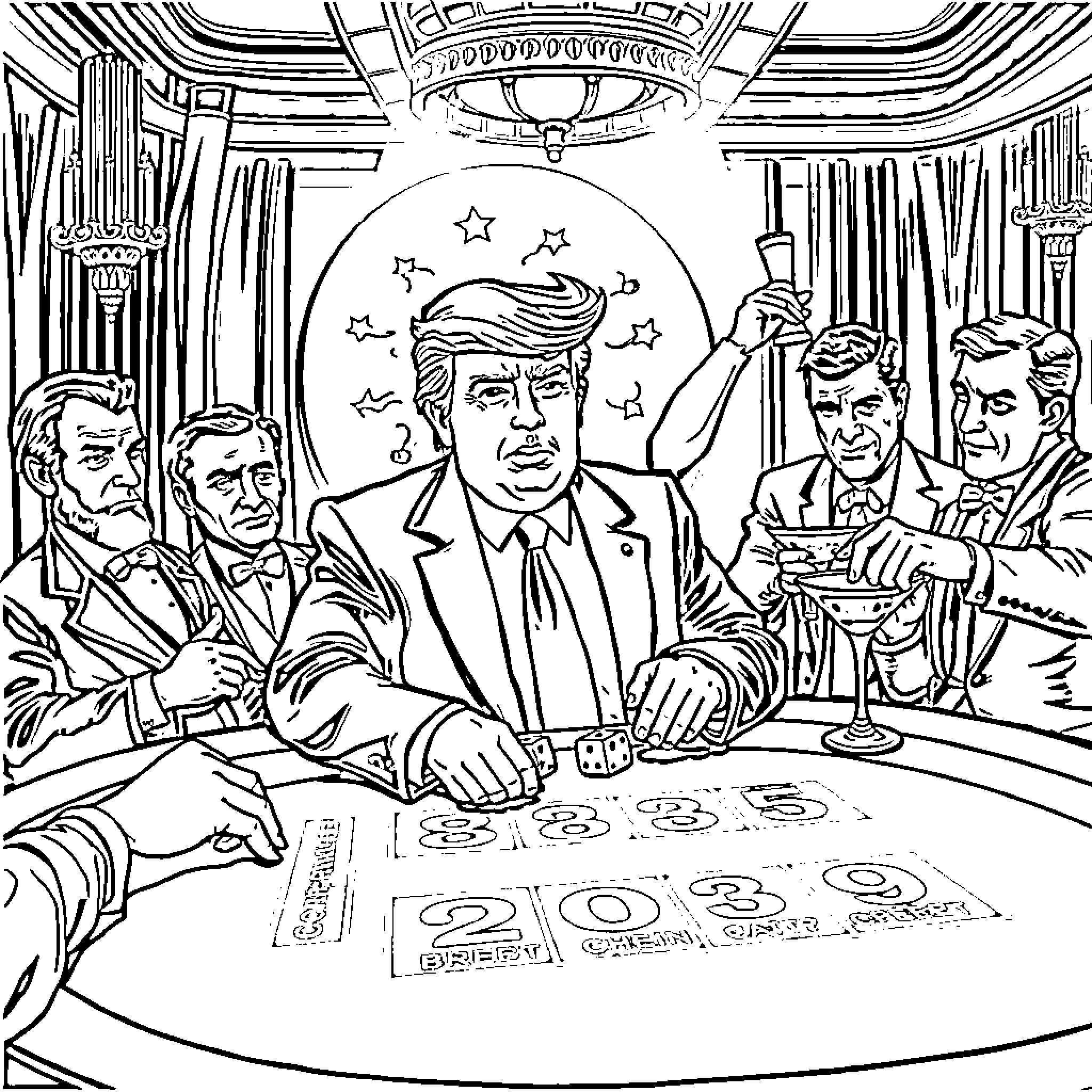 Donald Trump's Extravagant Gambling Night with Companions Coloring Page (free black-and-white line drawing printable PDF for all, from beginners to advanced learners, including children, teens, adults, and seniors)