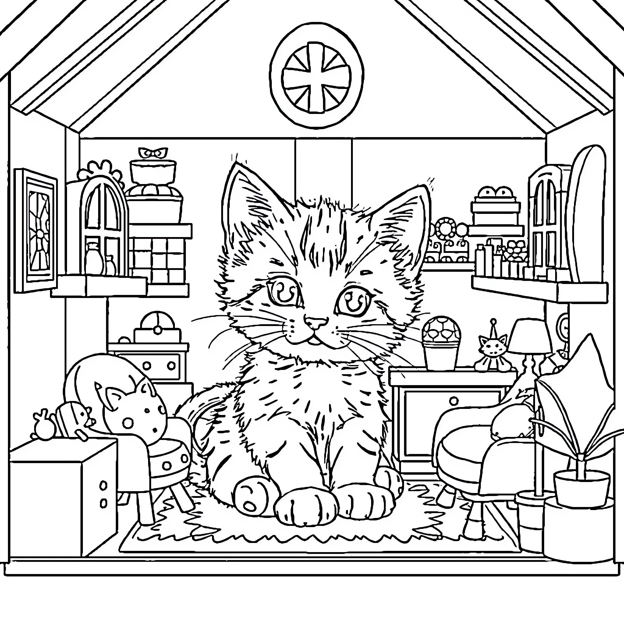 Kitten in cozy home setting Coloring Page (free black-and-white line drawing printable PDF for all, from beginners to advanced learners, including children, teens, adults, and seniors)