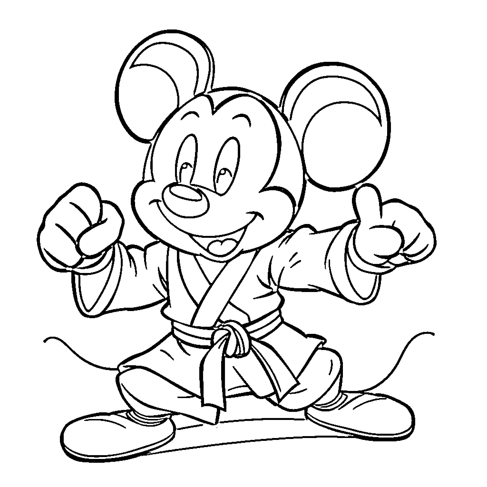 Mickey Mouse Practicing Martial Arts Coloring Page (free black-and-white line drawing printable PDF for all, from beginners to advanced learners, including children, teens, adults, and seniors)