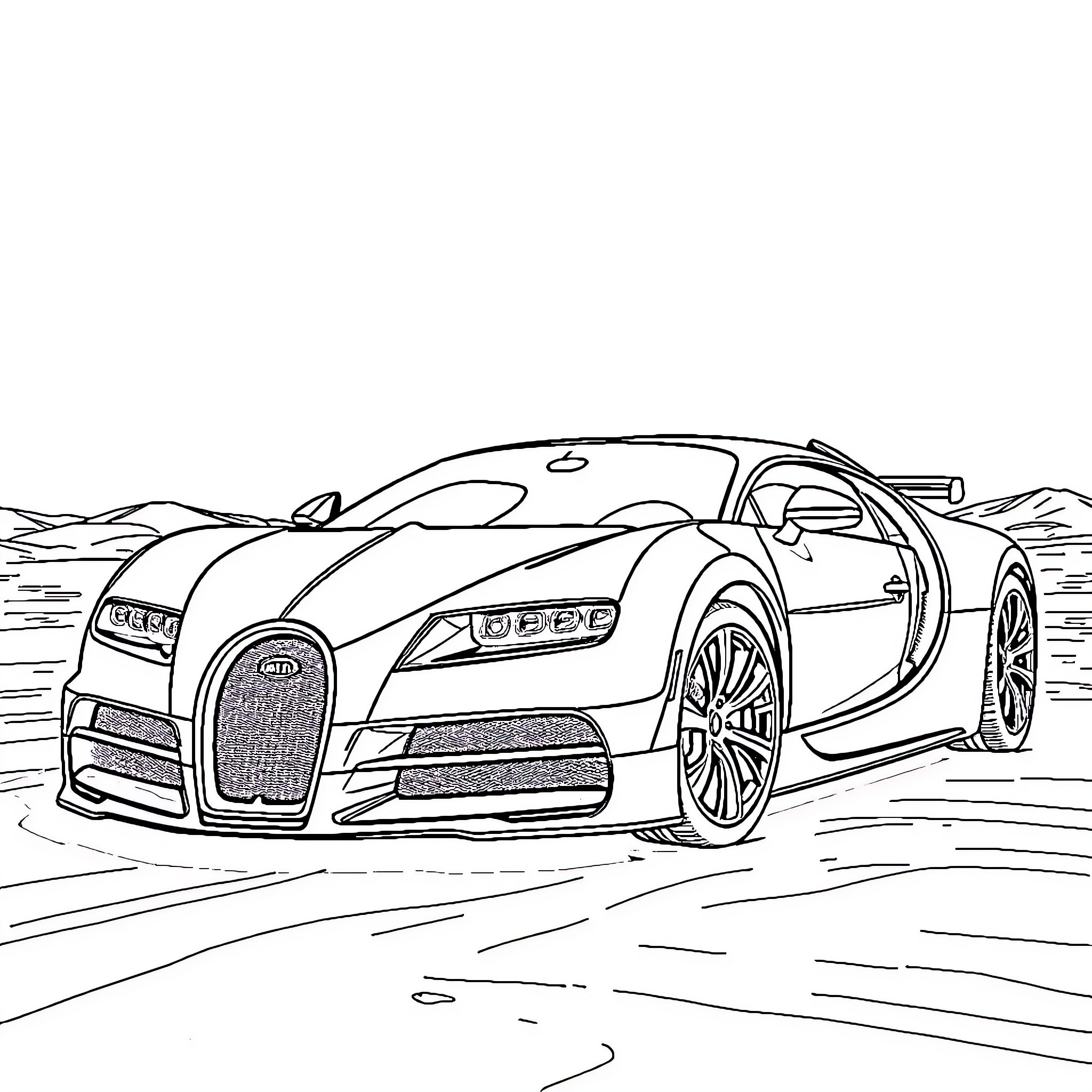 Bugatti supercar showcased on scenic desert landscape Coloring Page (free black-and-white line drawing printable PDF for all, from beginners to advanced learners, including children, teens, adults, and seniors)