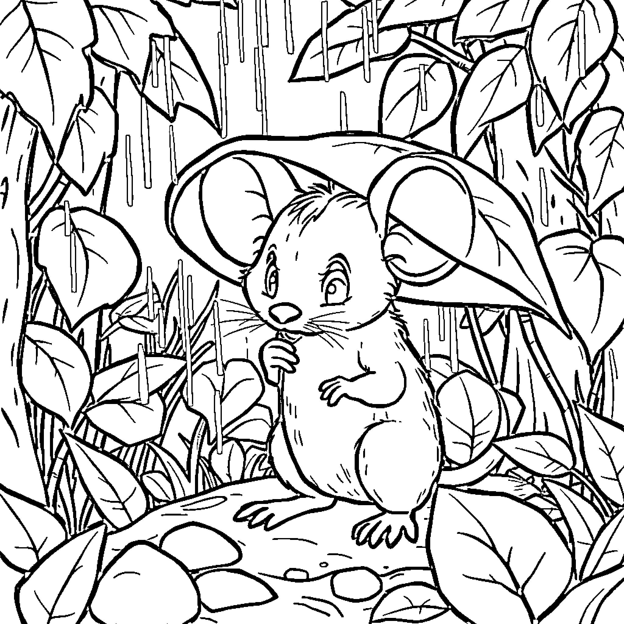 Mouse hiding in the lush forest Coloring Page (free black-and-white line drawing printable PDF for all, from beginners to advanced learners, including children, teens, adults, and seniors)