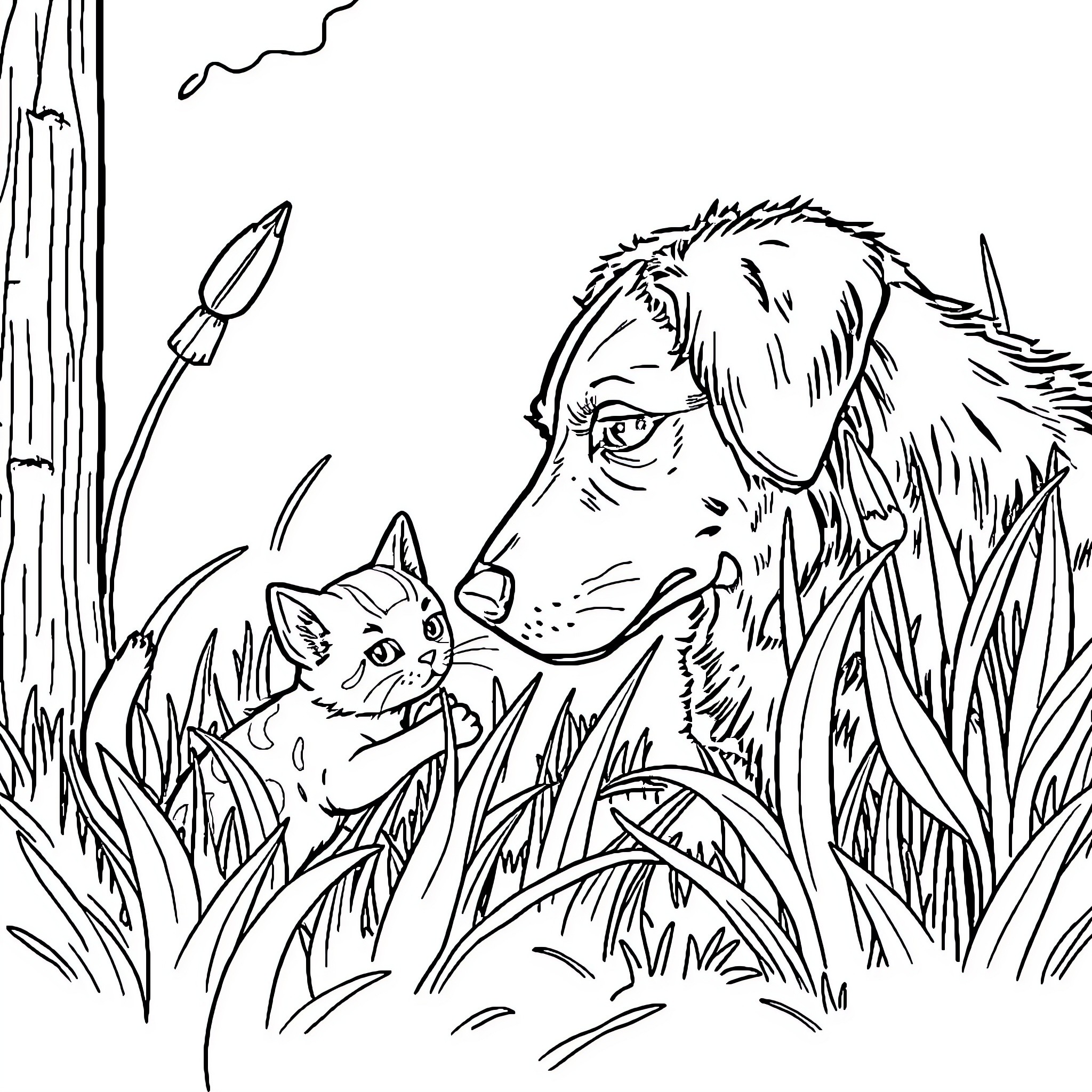 Dog and cat exploring nature together Coloring Page (free black-and-white line drawing printable PDF for all, from beginners to advanced learners, including children, teens, adults, and seniors)