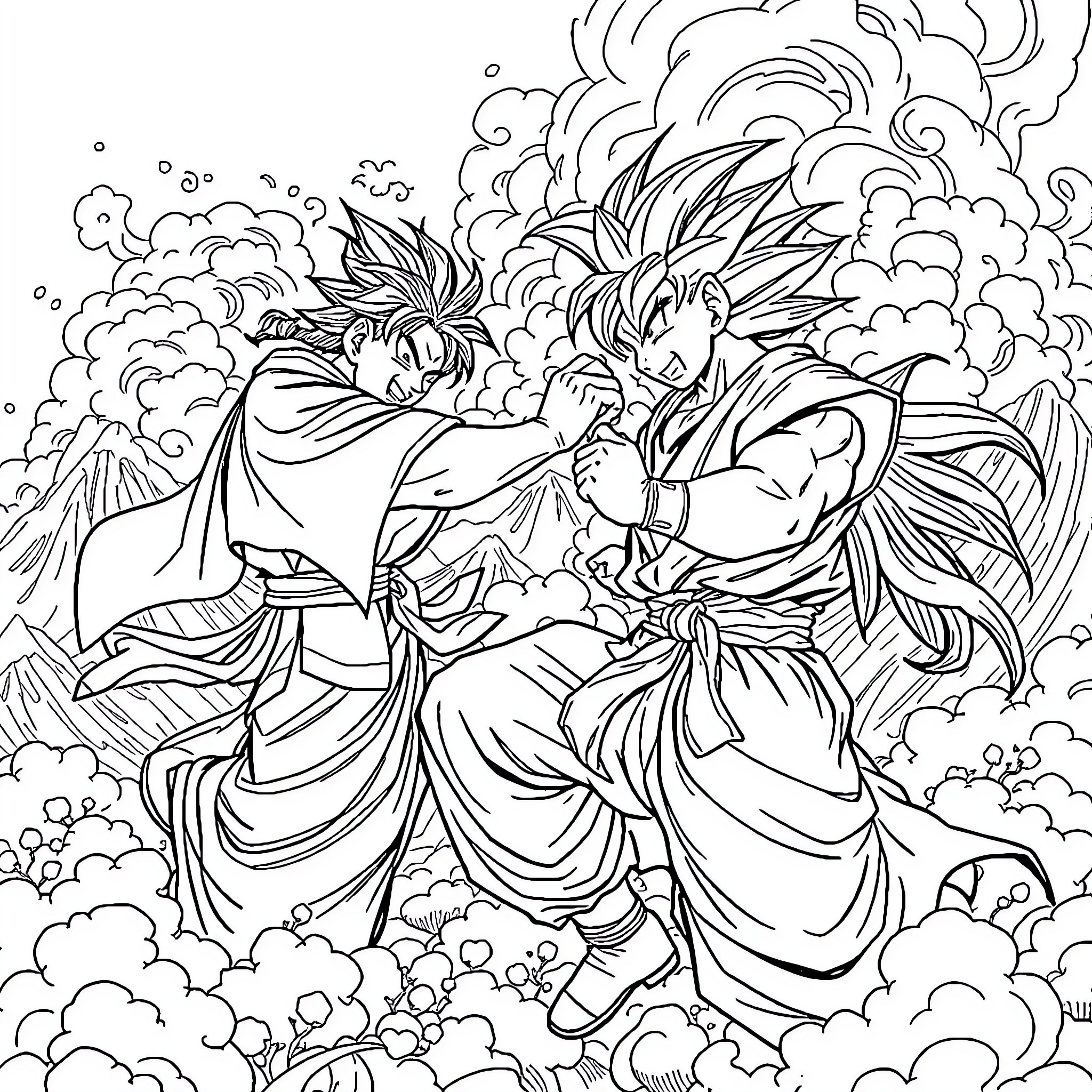 Tanjiro and Goku in epic battle with explosive energy Coloring Page (free black-and-white line drawing printable PDF for all, from beginners to advanced learners, including children, teens, adults, and seniors)