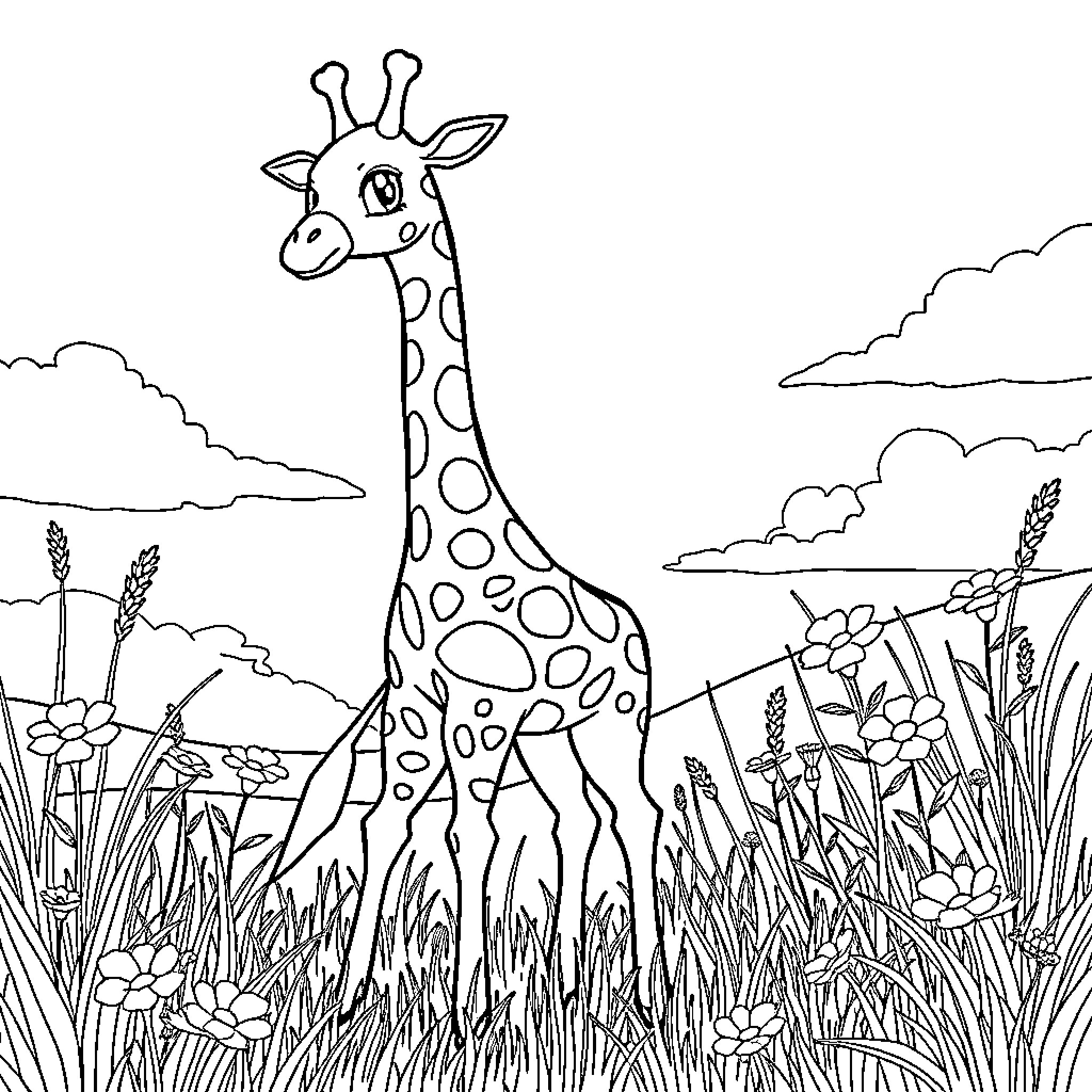 Giraffe Pokemon enjoying meadow landscape Coloring Page (free black-and-white line drawing printable PDF for all, from beginners to advanced learners, including children, teens, adults, and seniors)