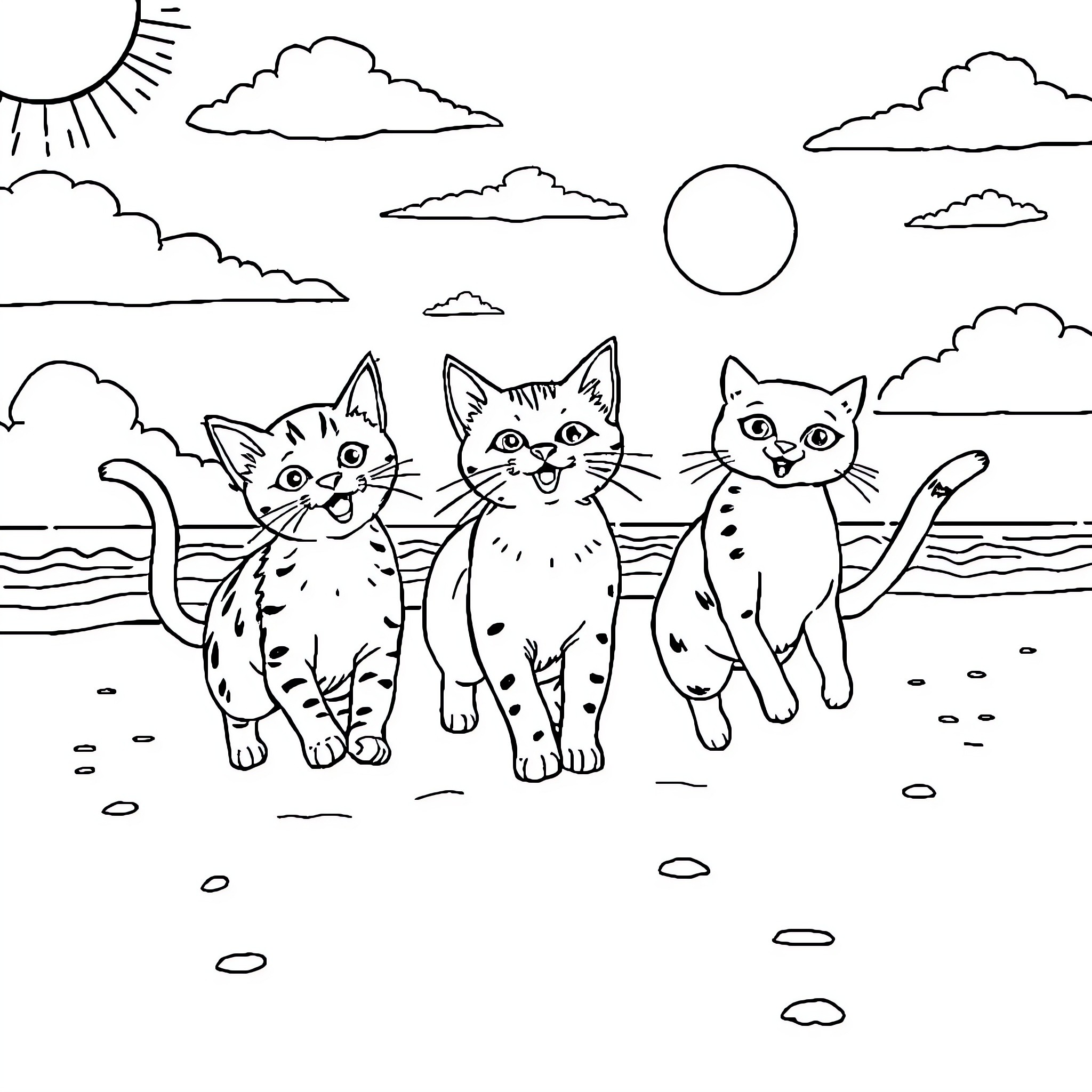 Cats enjoying a sunny day at the beach Coloring Page (free black-and-white line drawing printable PDF for all, from beginners to advanced learners, including children, teens, adults, and seniors)