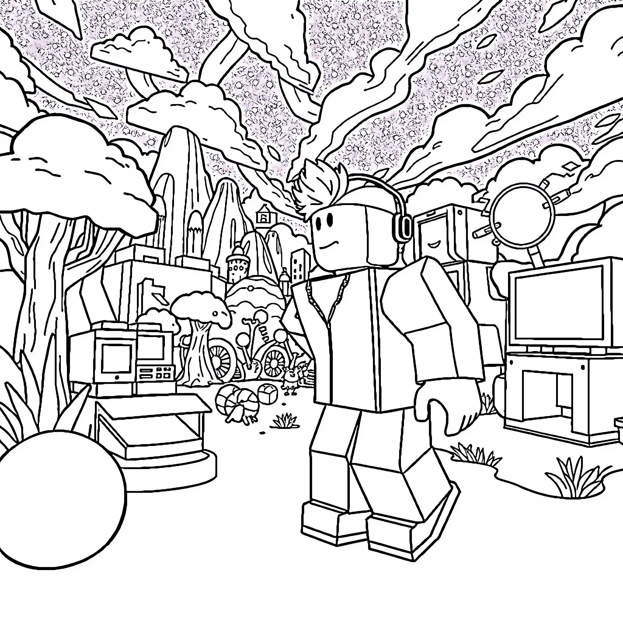 Roblox characters exploring a fantastical landscape Coloring Page (free black-and-white line drawing printable PDF for all, from beginners to advanced learners, including children, teens, adults, and seniors)