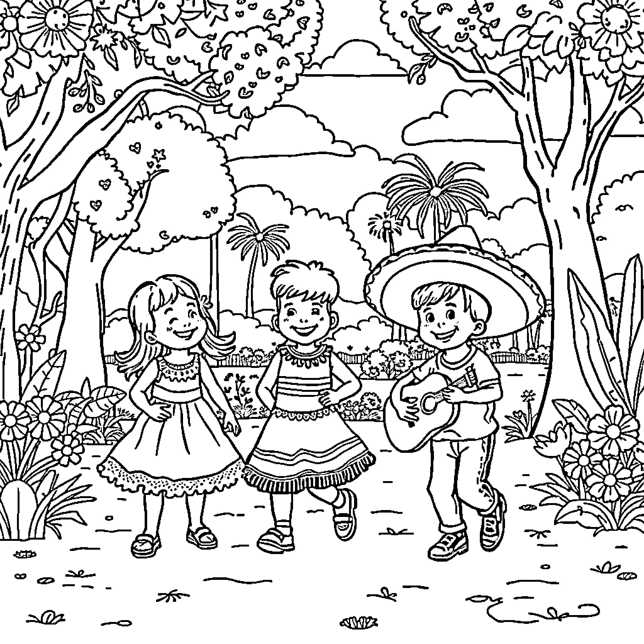Kid friends playing happily in nature Coloring Page (free black-and-white line drawing printable PDF for all, from beginners to advanced learners, including children, teens, adults, and seniors)