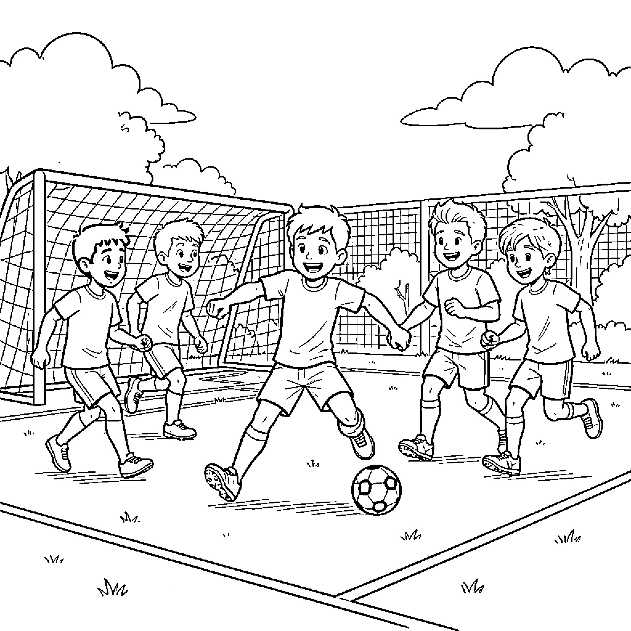 Desiré children playing soccer enthusiastically on a field Coloring Page (free black-and-white line drawing printable PDF for all, from beginners to advanced learners, including children, teens, adults, and seniors)