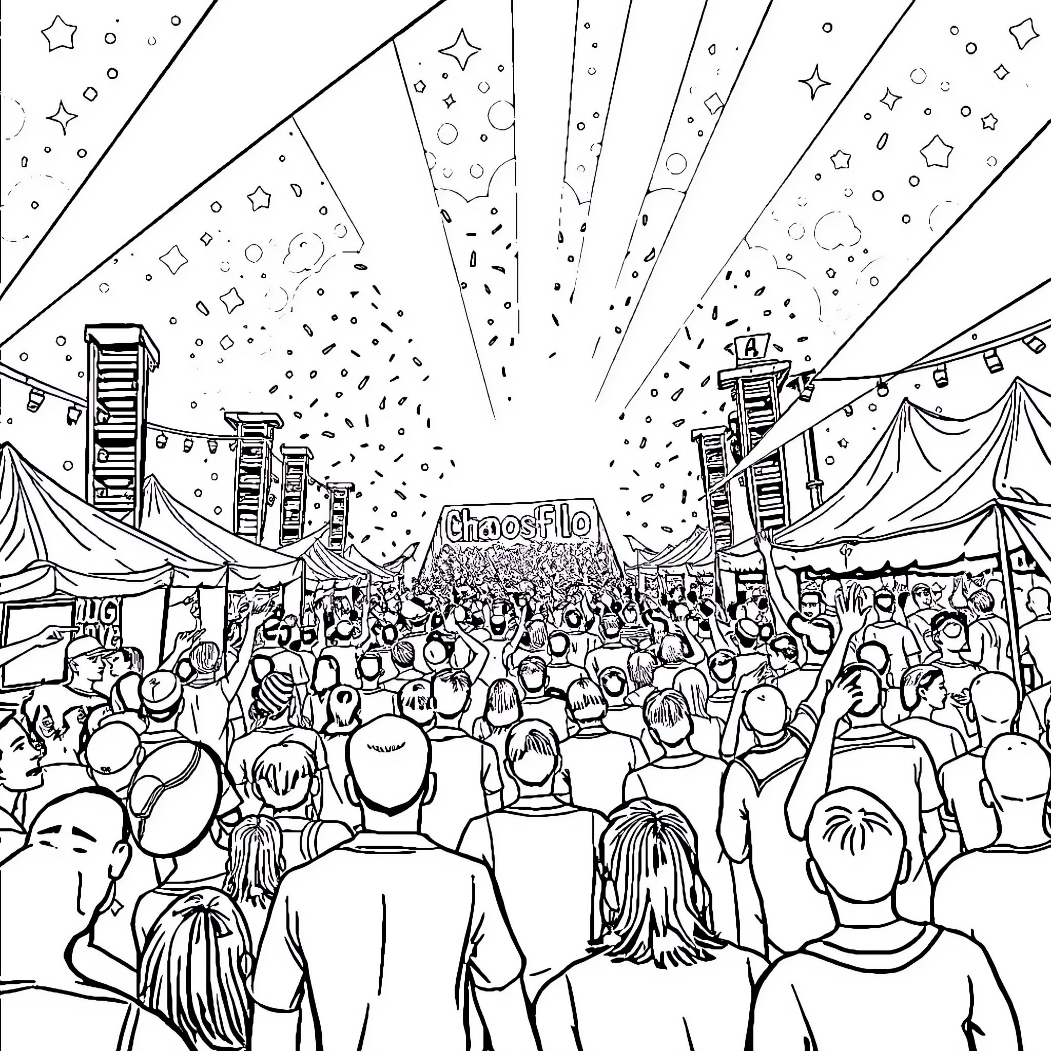 Chaosflo: Vibrant Crowd at the Festive Gathering Coloring Page (free black-and-white line drawing printable PDF for all, from beginners to advanced learners, including children, teens, adults, and seniors)
