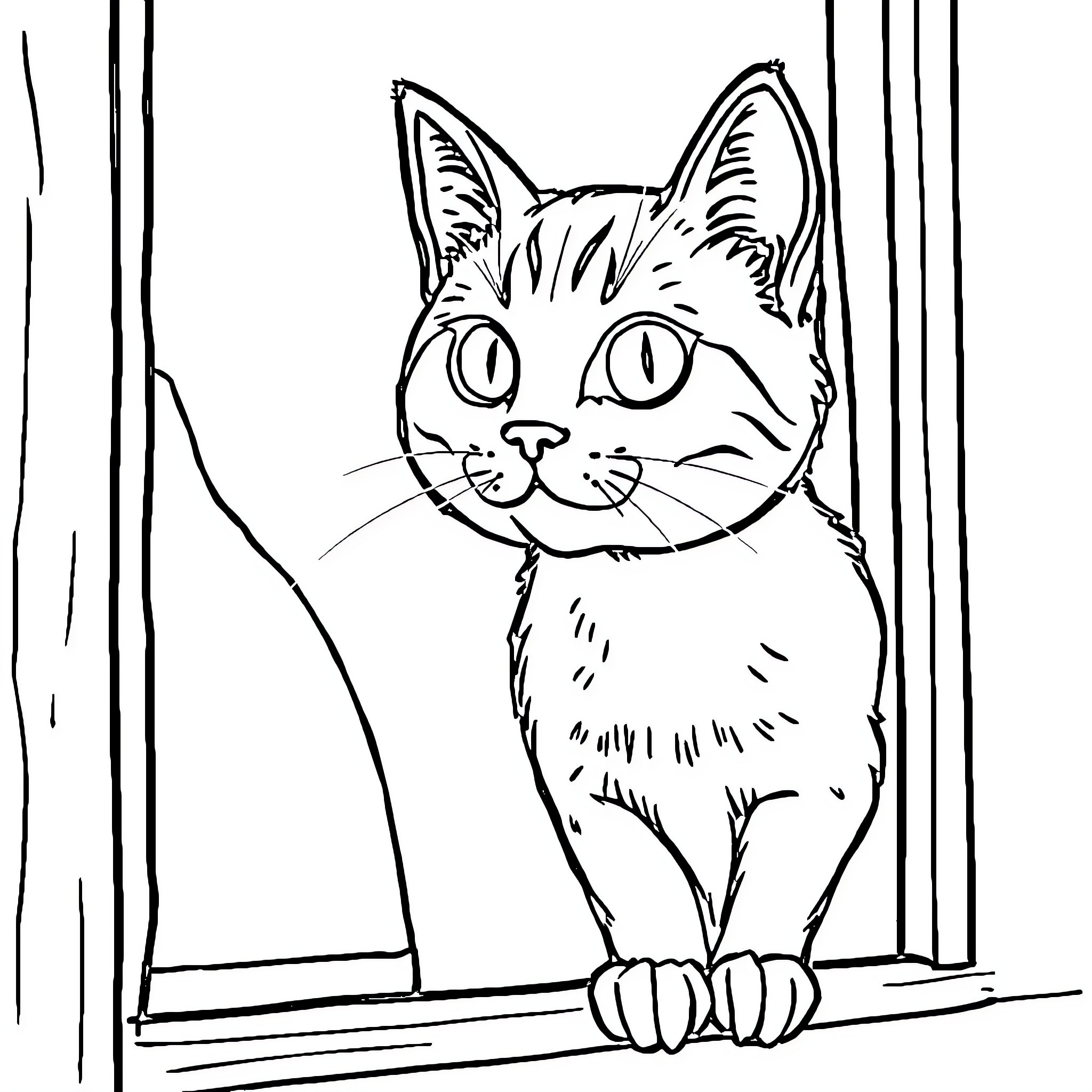 Chat with a curious cat in the window Coloring Page (free black-and-white line drawing printable PDF for all, from beginners to advanced learners, including children, teens, adults, and seniors)