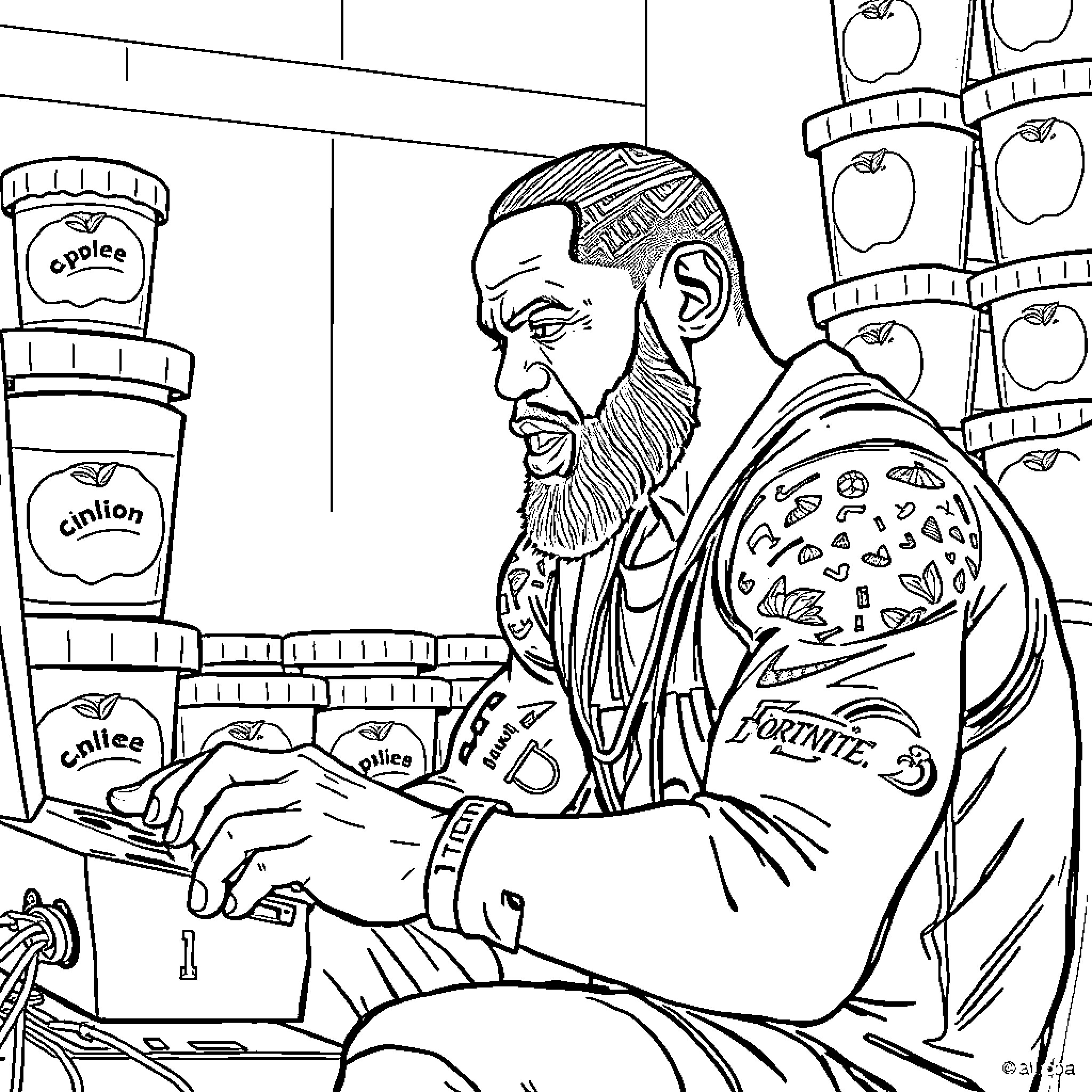 LeBron Purchasing Groceries at the Store Coloring Page (free black-and-white line drawing printable PDF for all, from beginners to advanced learners, including children, teens, adults, and seniors)