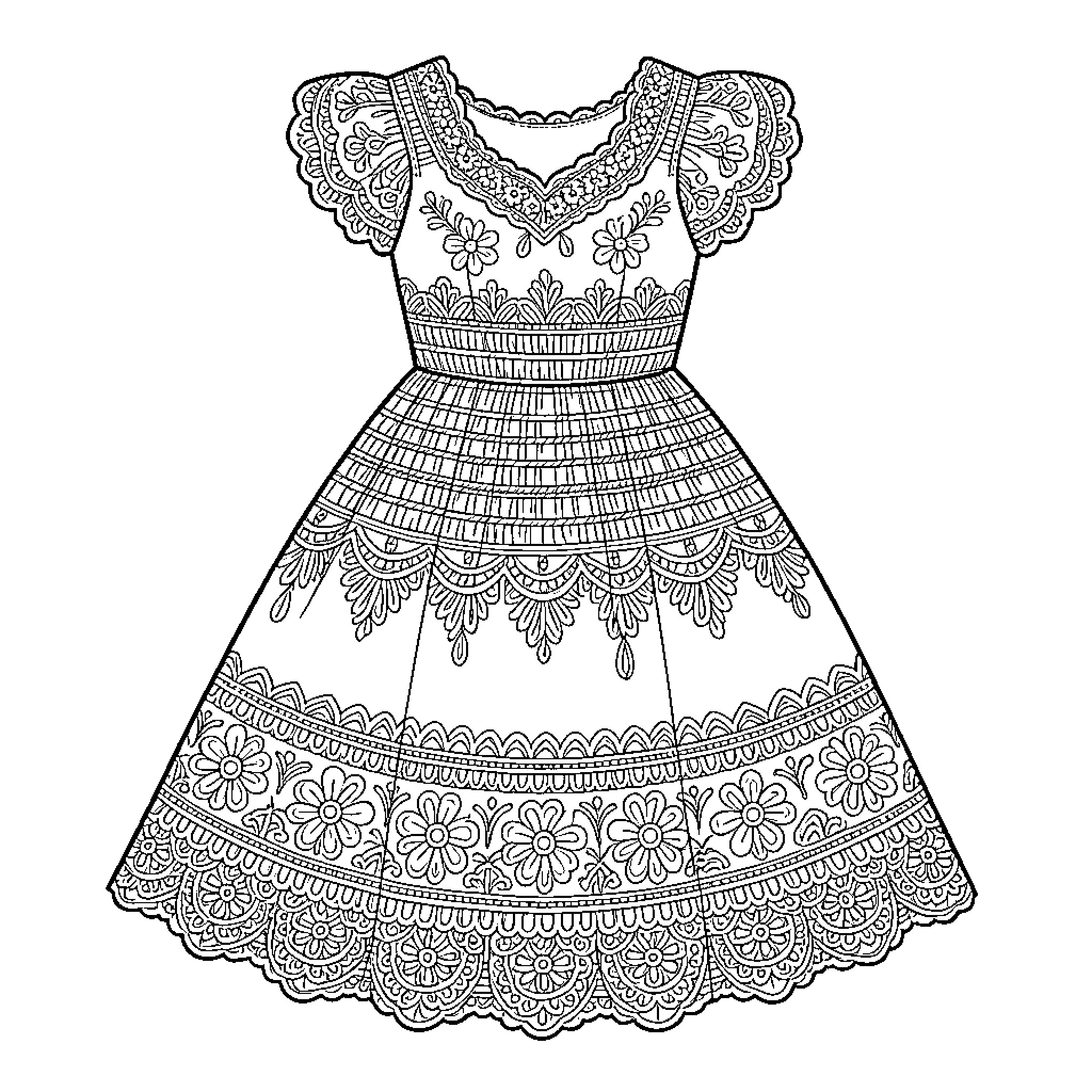 Dress with intricate floral patterns and lace details Coloring Page (free black-and-white line drawing printable PDF for all, from beginners to advanced learners, including children, teens, adults, and seniors)