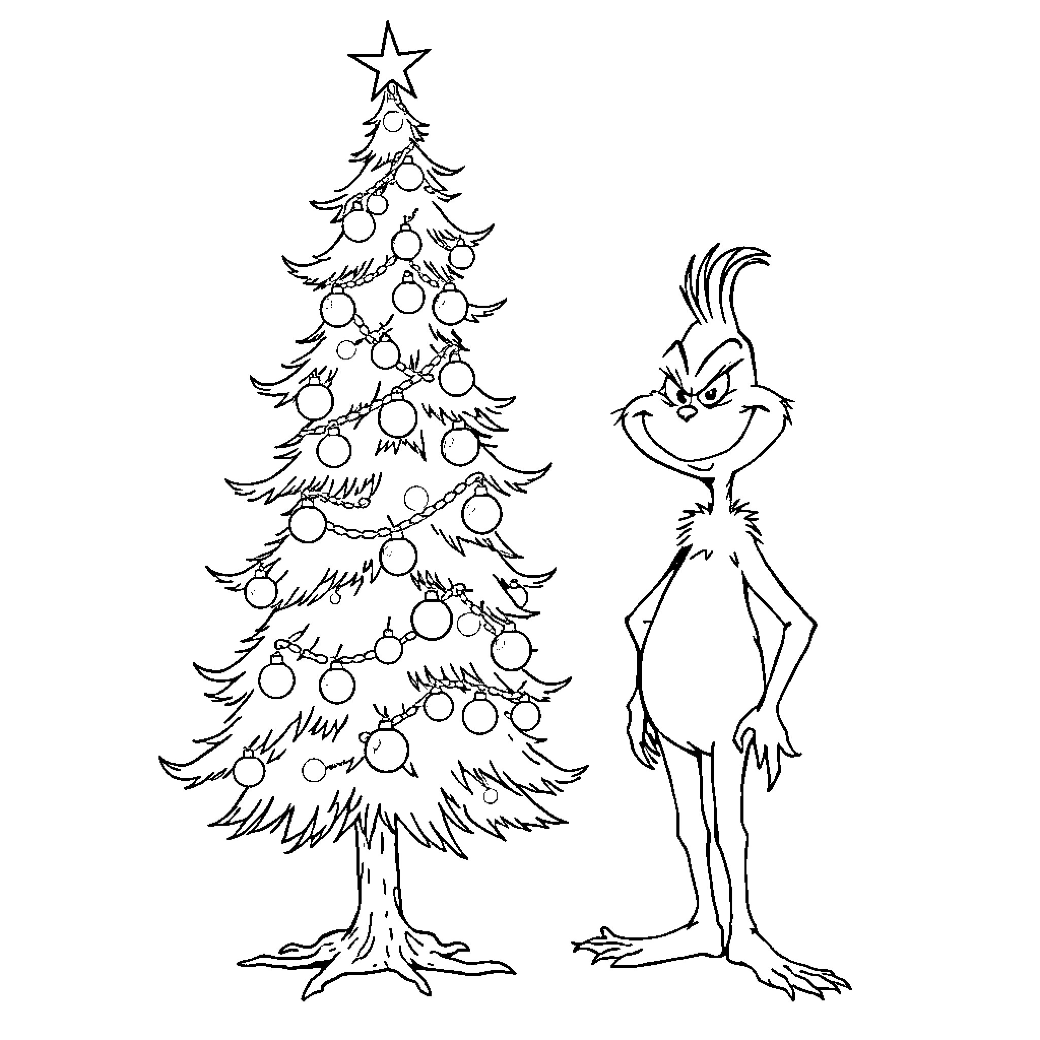 Grinch admiring the Christmas tree Coloring Page (free black-and-white line drawing printable PDF for all, from beginners to advanced learners, including children, teens, adults, and seniors)