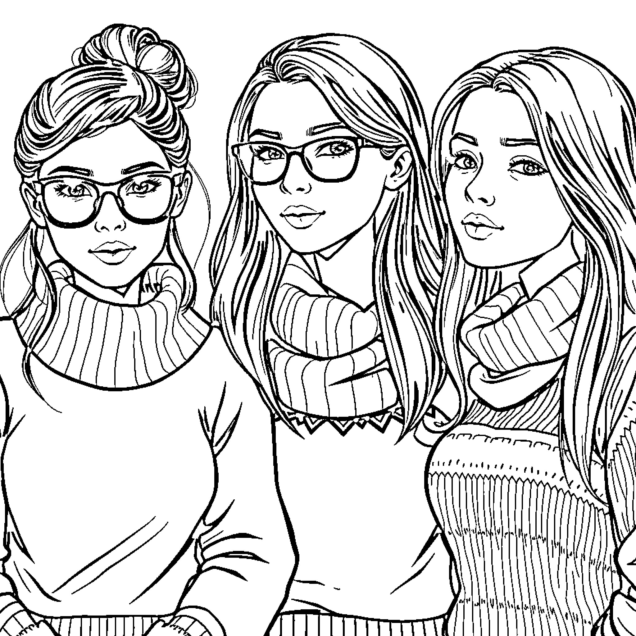 Chica friends posing in cozy sweaters Coloring Page (free black-and-white line drawing printable PDF for all, from beginners to advanced learners, including children, teens, adults, and seniors)