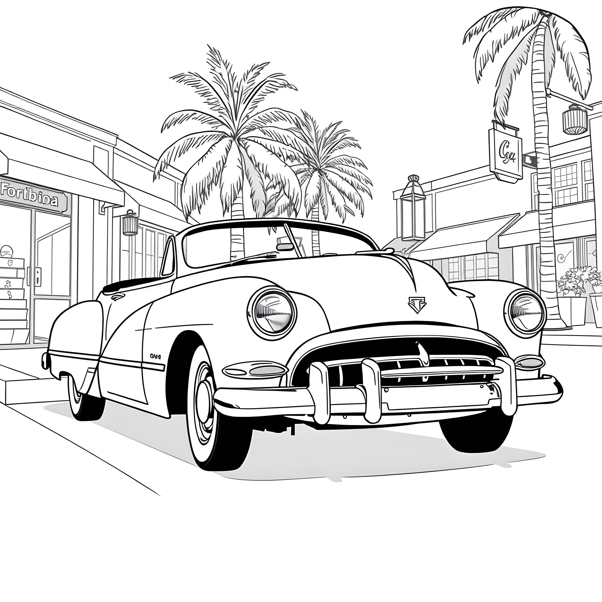 Classic Car Cruising Down Tropical Street Coloring Page (free black-and-white line drawing printable PDF for all, from beginners to advanced learners, including children, teens, adults, and seniors)