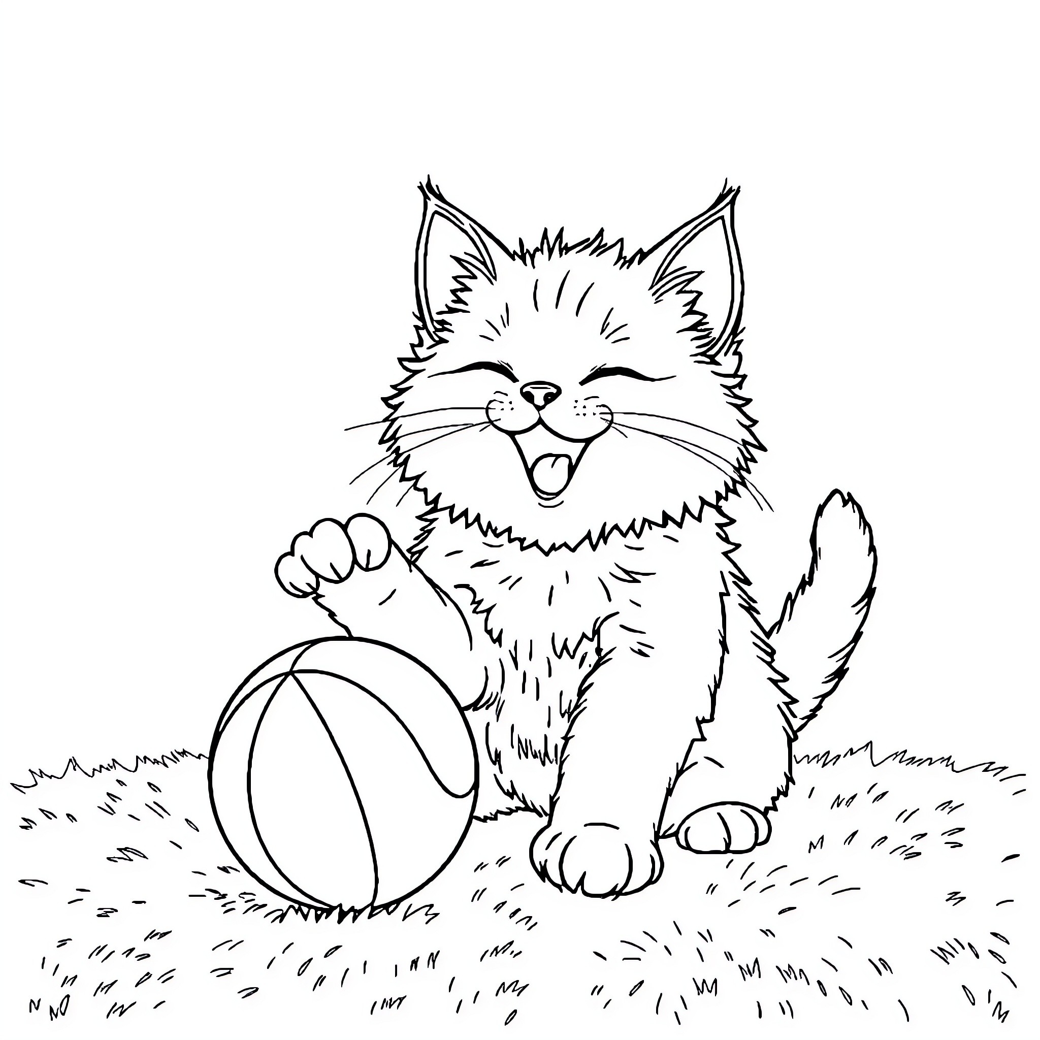 Cat playing happily with toy ball on grass Coloring Page (free black-and-white line drawing printable PDF for all, from beginners to advanced learners, including children, teens, adults, and seniors)