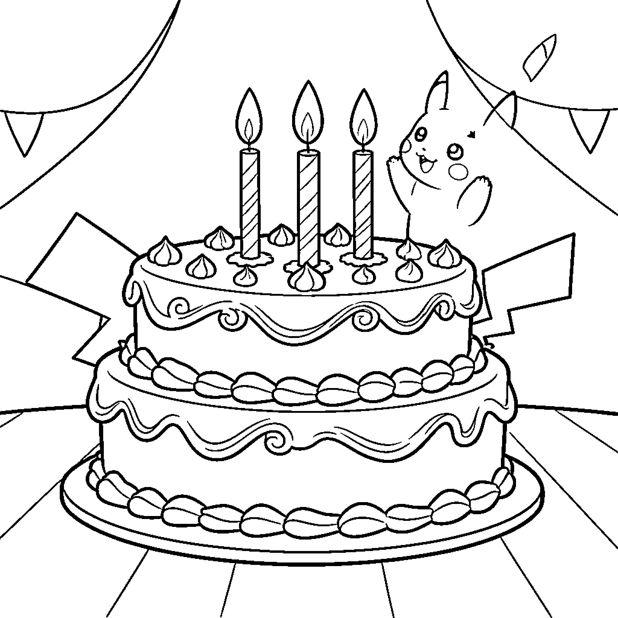 Pikachu Celebrates with Birthday Cake and Candles Coloring Page (free black-and-white line drawing printable PDF for all, from beginners to advanced learners, including children, teens, adults, and seniors)