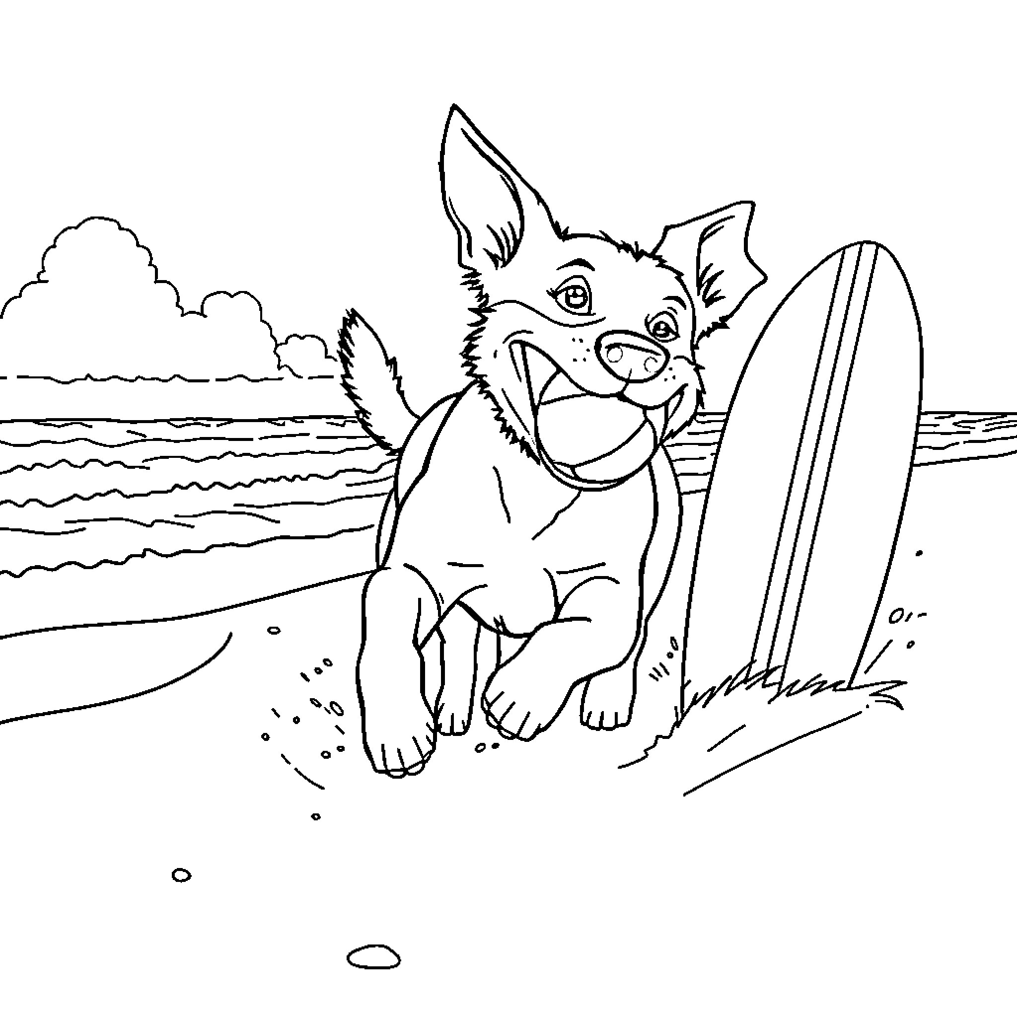 Dog playing on the beach with surfboard Coloring Page (free black-and-white line drawing printable PDF for all, from beginners to advanced learners, including children, teens, adults, and seniors)