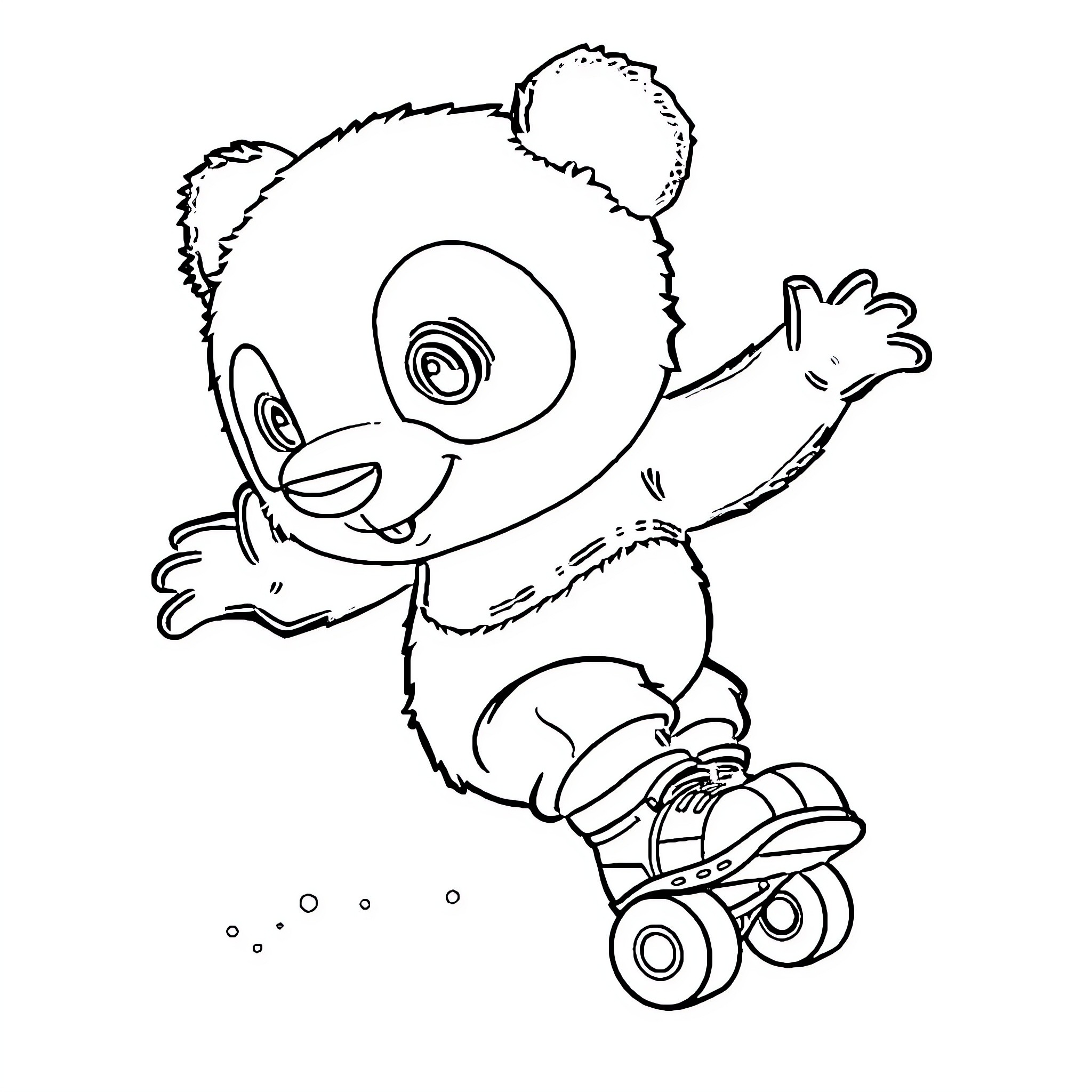 Panda riding on roller skates Coloring Page (free black-and-white line drawing printable PDF for all, from beginners to advanced learners, including children, teens, adults, and seniors)