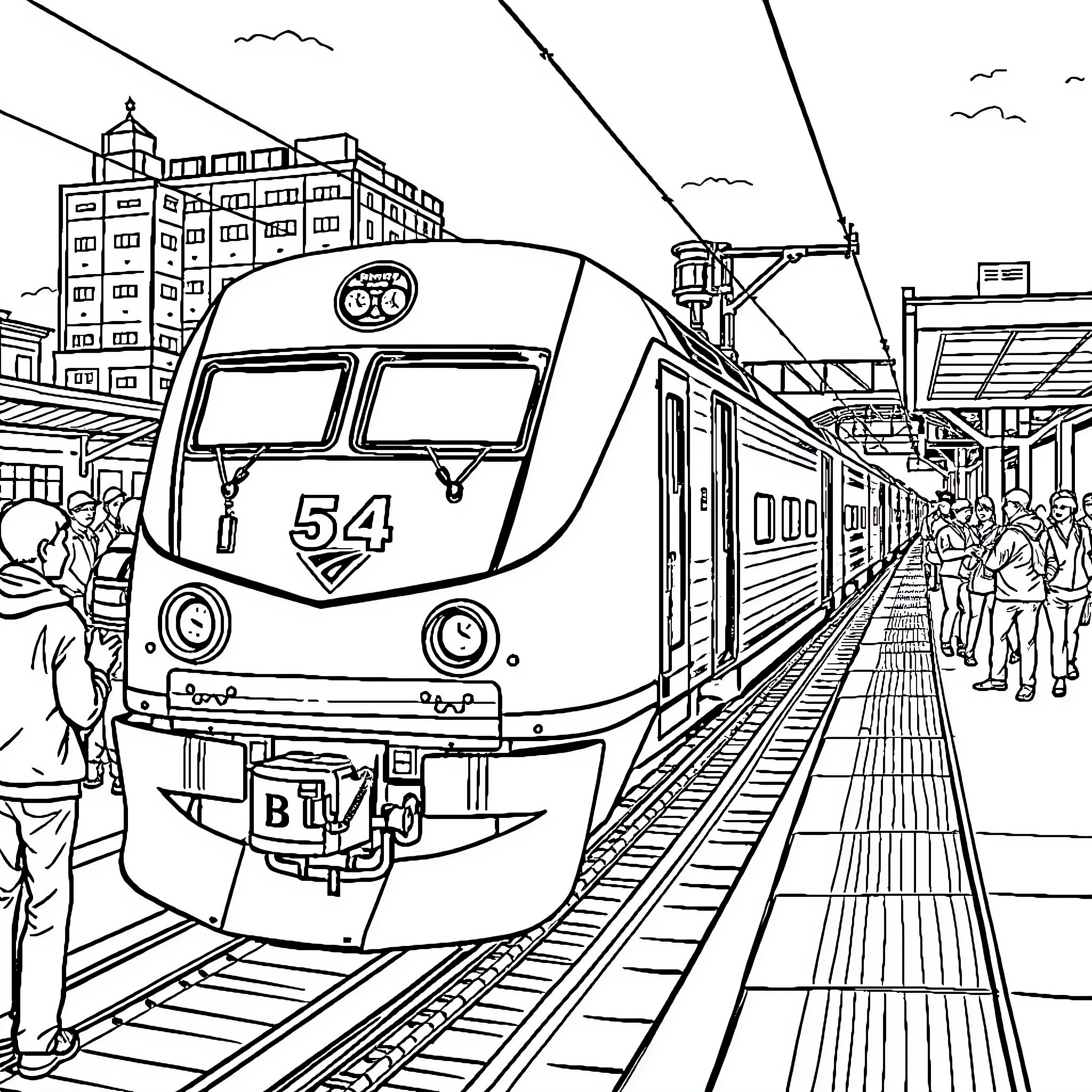 Train arriving at a crowded urban platform Coloring Page (free black-and-white line drawing printable PDF for all, from beginners to advanced learners, including children, teens, adults, and seniors)
