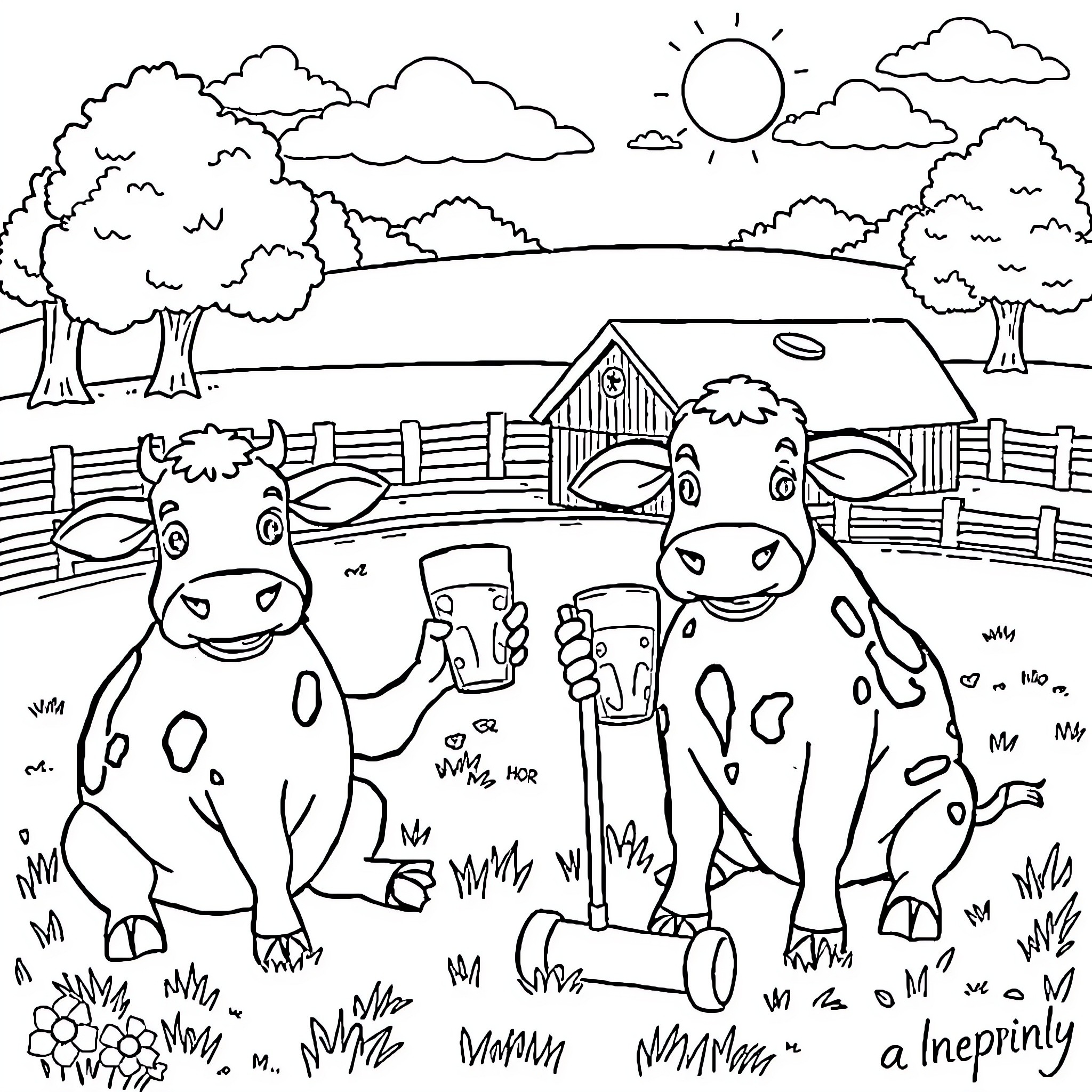Cow friends relaxing in the countryside Coloring Page (free black-and-white line drawing printable PDF for all, from beginners to advanced learners, including children, teens, adults, and seniors)