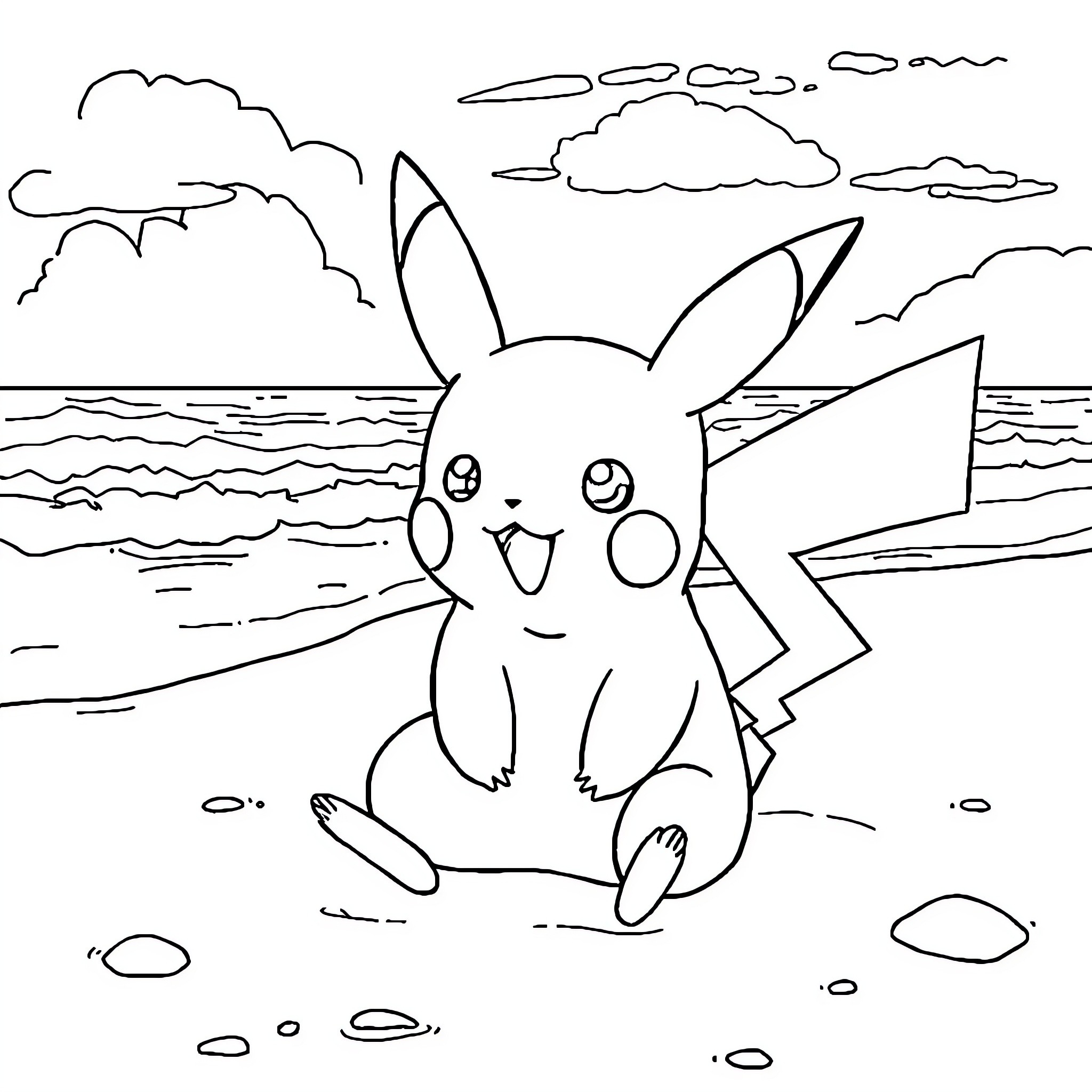 Pikachu playing happily on the beach Coloring Page (free black-and-white line drawing printable PDF for all, from beginners to advanced learners, including children, teens, adults, and seniors)