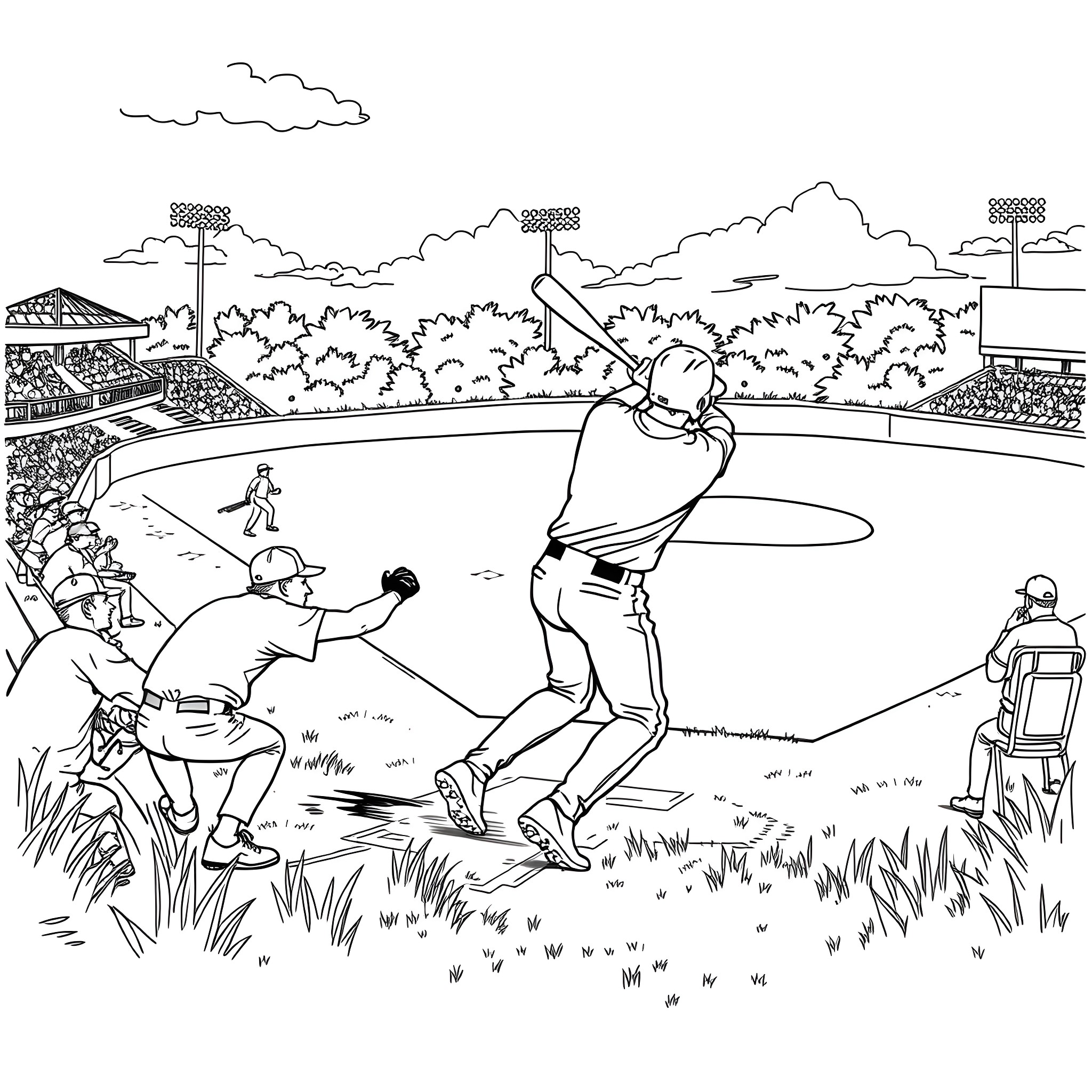 Baseball game scene with players on field Coloring Page (free black-and-white line drawing printable PDF for all, from beginners to advanced learners, including children, teens, adults, and seniors)